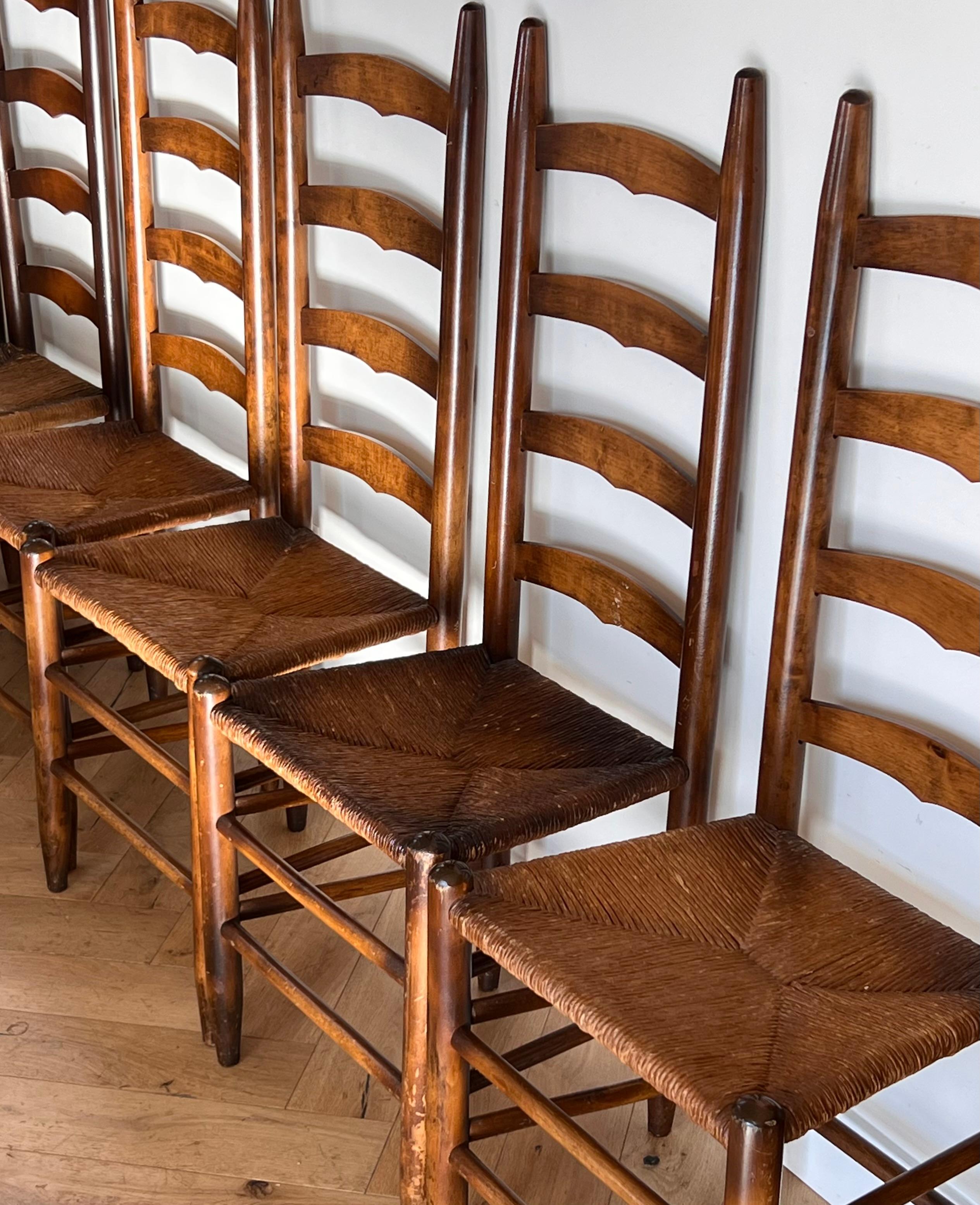 Set of 6 Perriand Style French Country Wicker Ladder Back Dining Chairs, 20th C 7