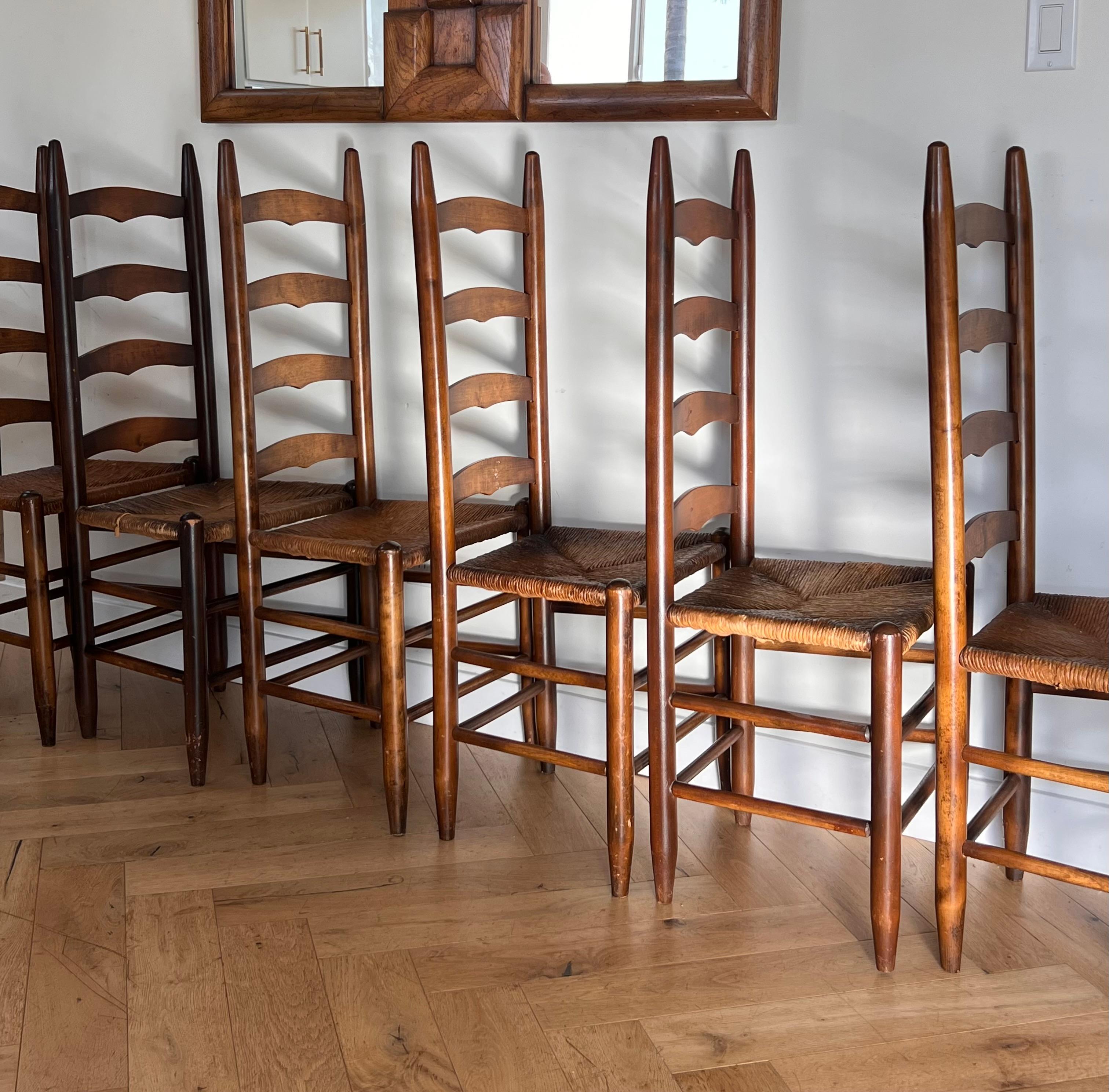 Set of 6 Perriand Style French Country Wicker Ladder Back Dining Chairs, 20th C 10