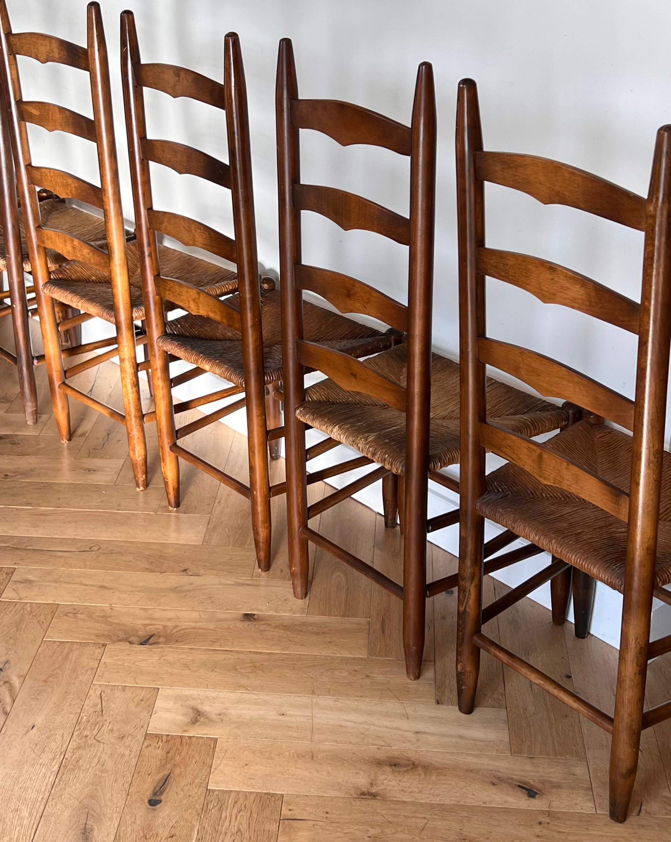 20th Century Set of 6 Perriand Style French Country Wicker Ladder Back Dining Chairs, 20th C