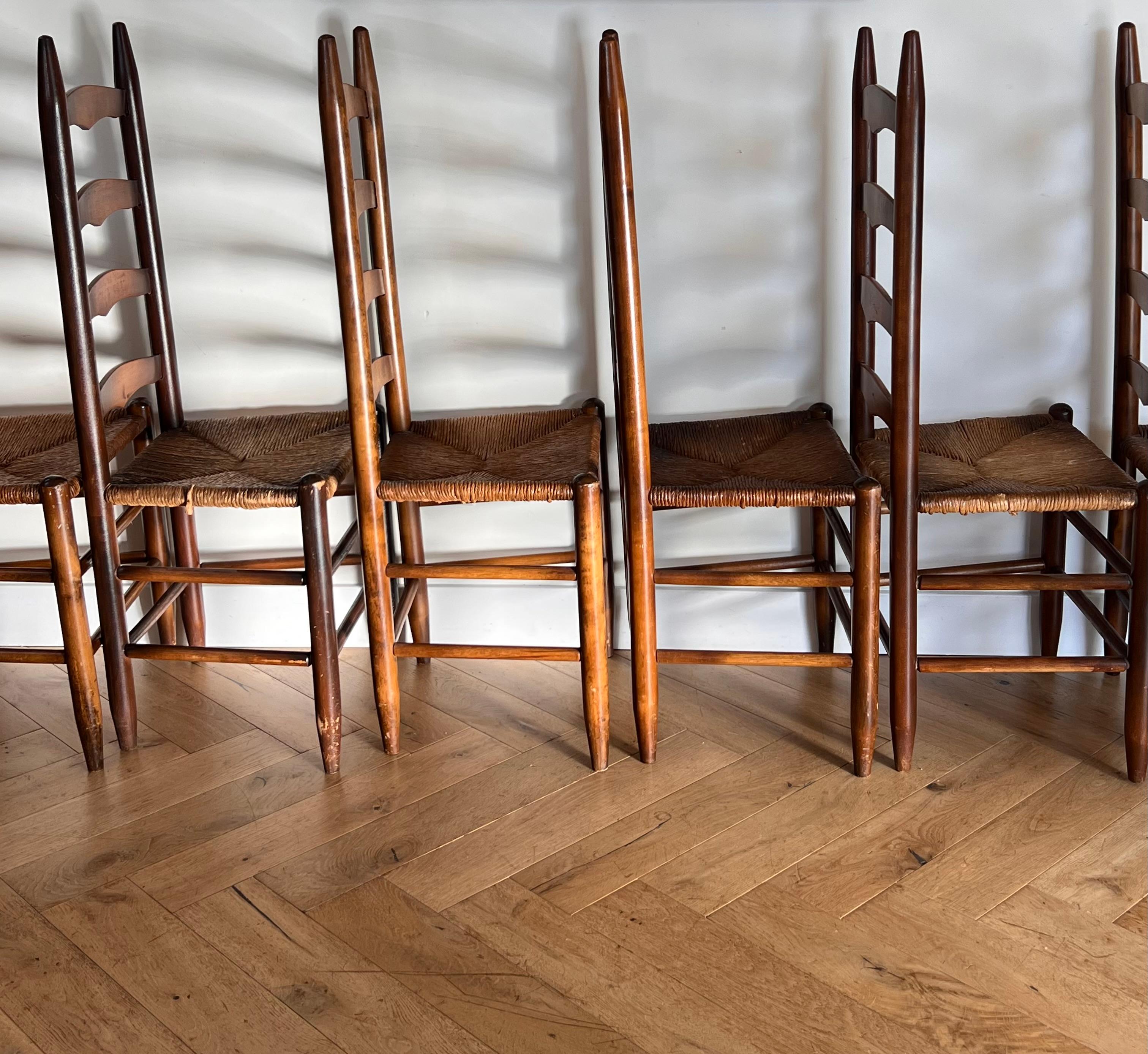 Set of 6 Perriand Style French Country Wicker Ladder Back Dining Chairs, 20th C 1