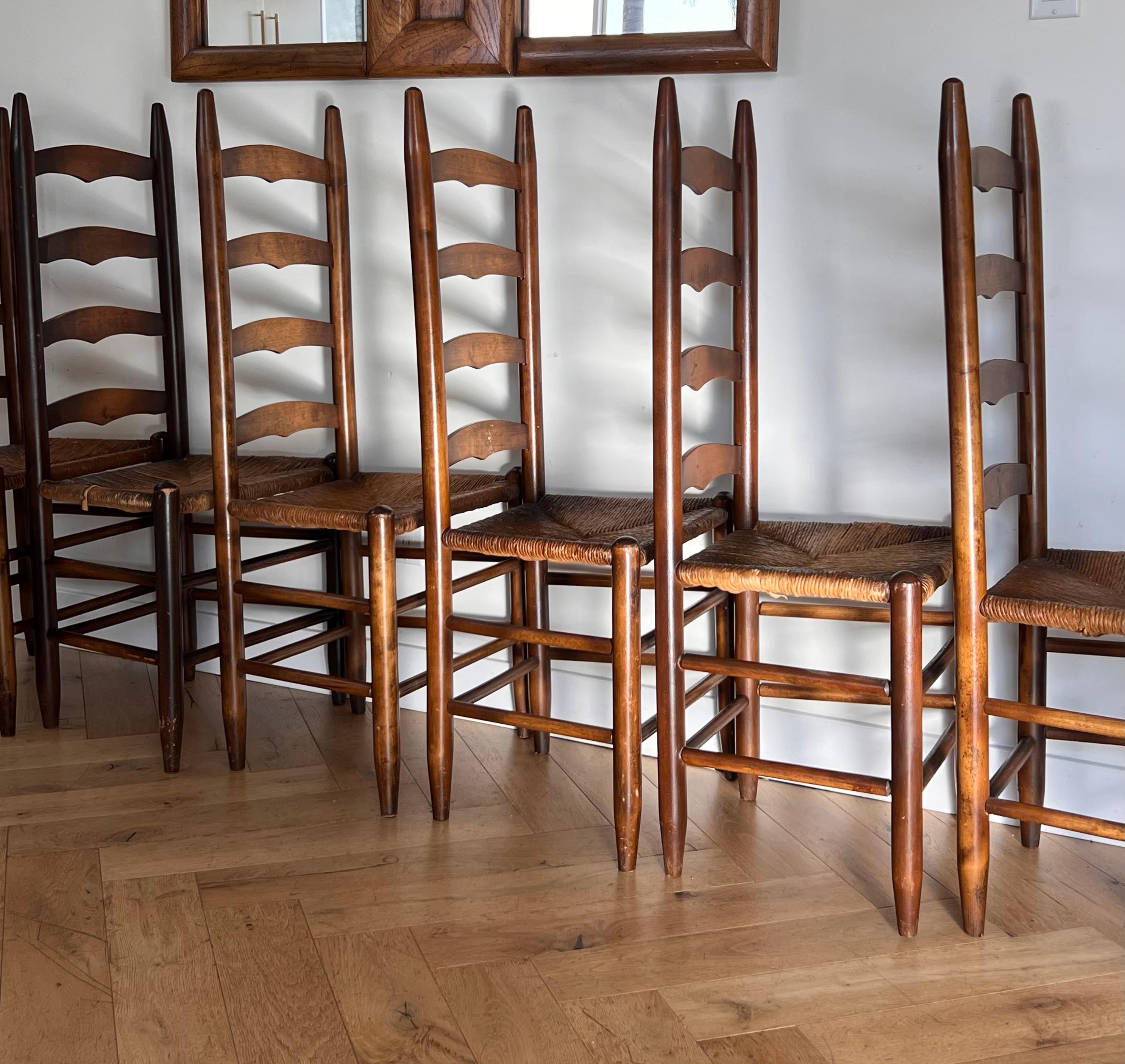 Set of 6 Perriand Style French Country Wicker Ladder Back Dining Chairs, 20th C 2