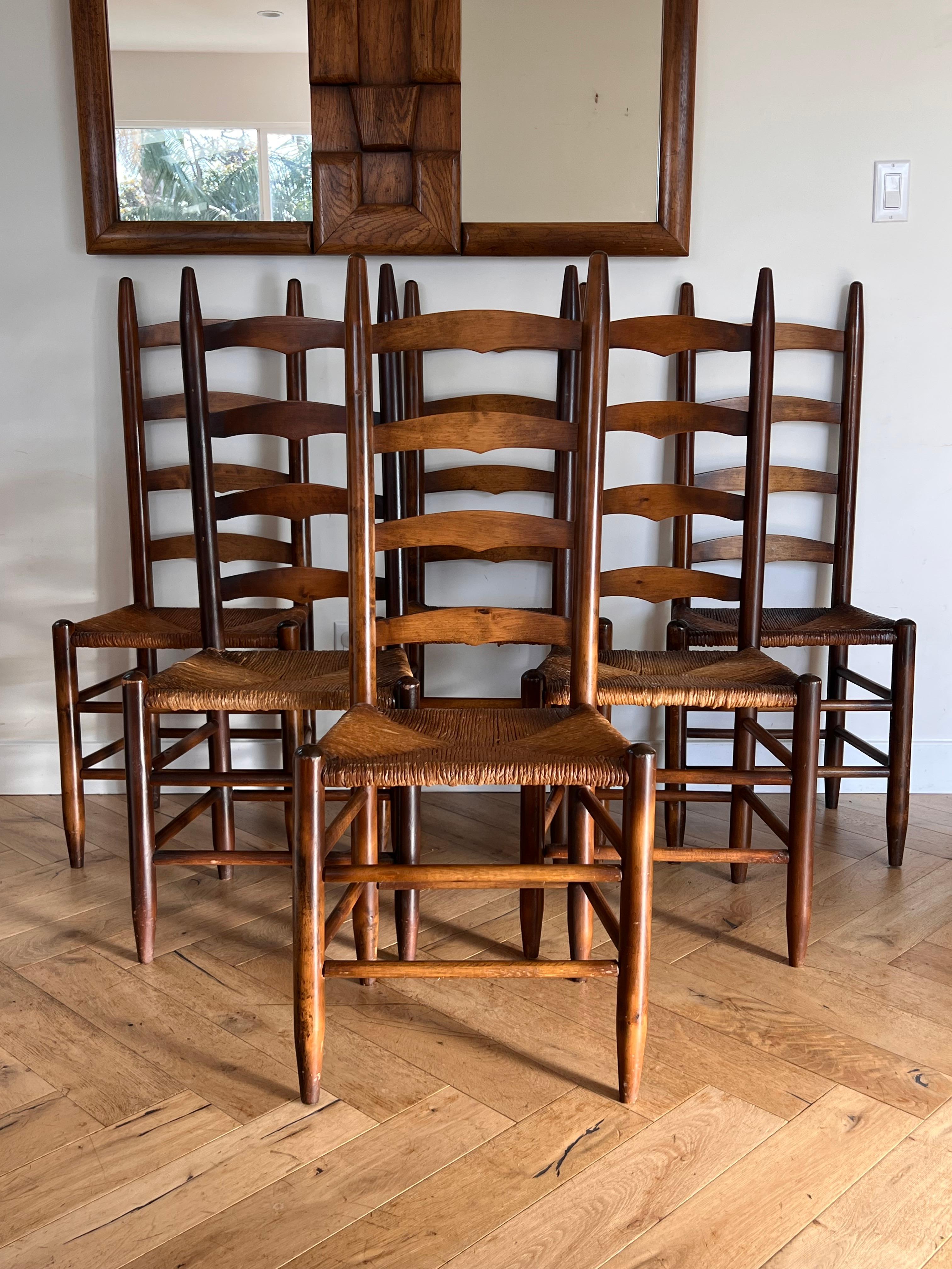 Set of 6 Perriand Style French Country Wicker Ladder Back Dining Chairs, 20th C 3