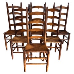 Vintage Set of 6 Perriand Style French Country Wicker Ladder Back Dining Chairs, 20th C