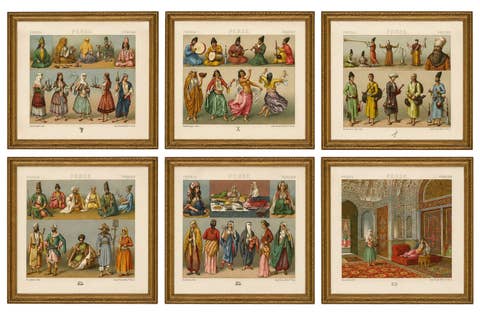 Set of 6 Persian Costume & Interior Chromolithographs by Racinet, 1888