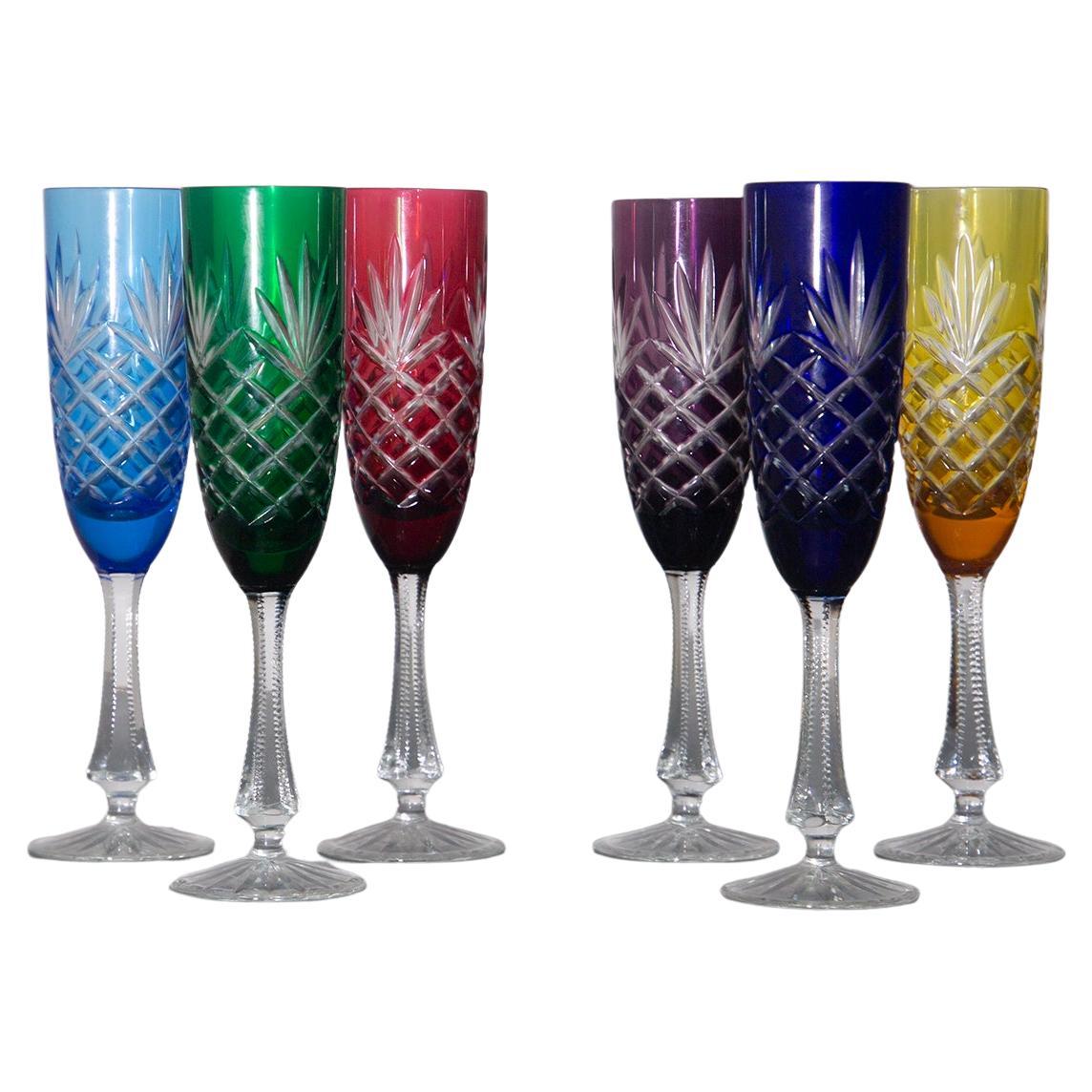 Set of 6 Peter Carl Faberge Odessa Crystal Champagne Flutes, Signed For Sale