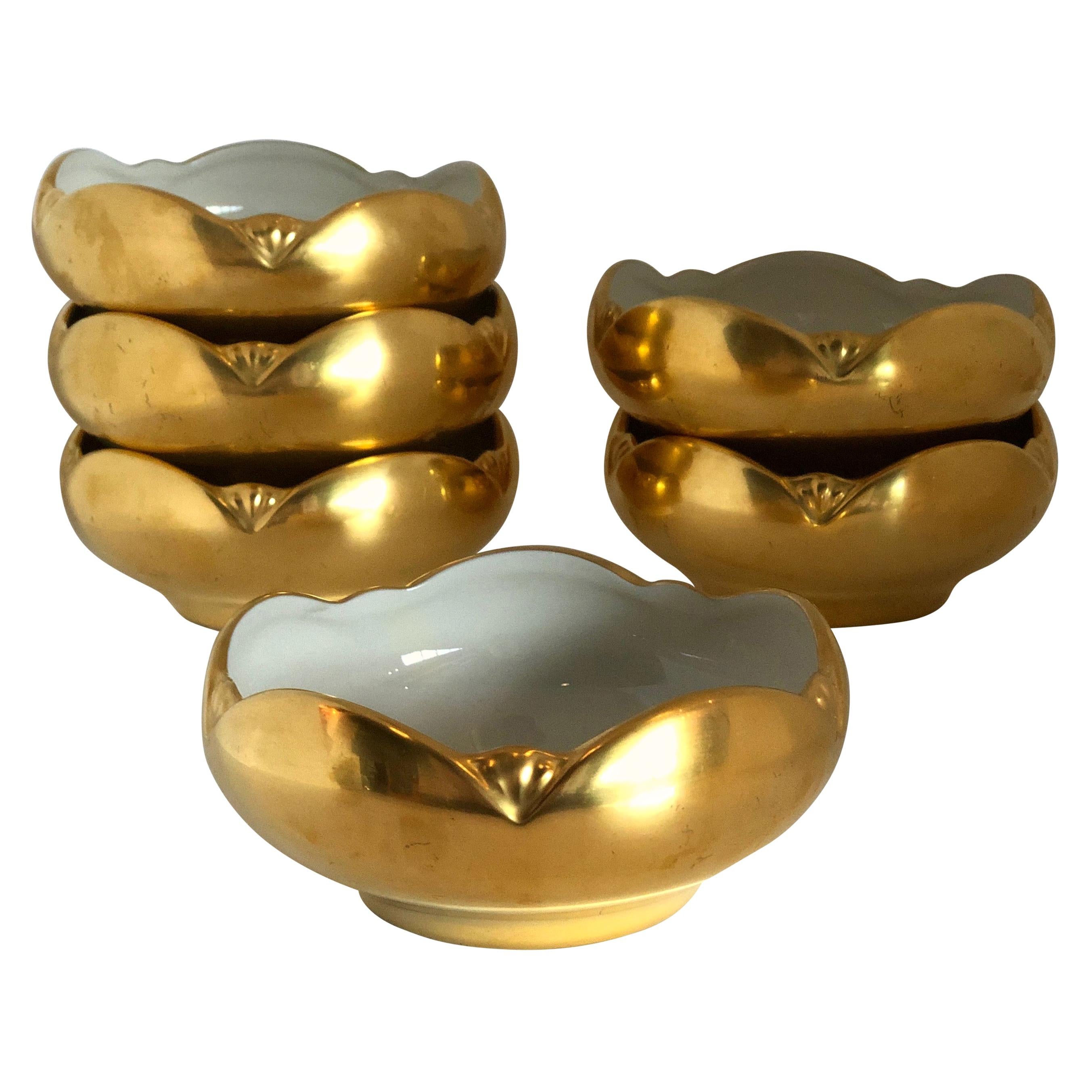 Set of 6 Picard Hand Decorated Ensemble Gold and White Interior Porcelain Bowls For Sale