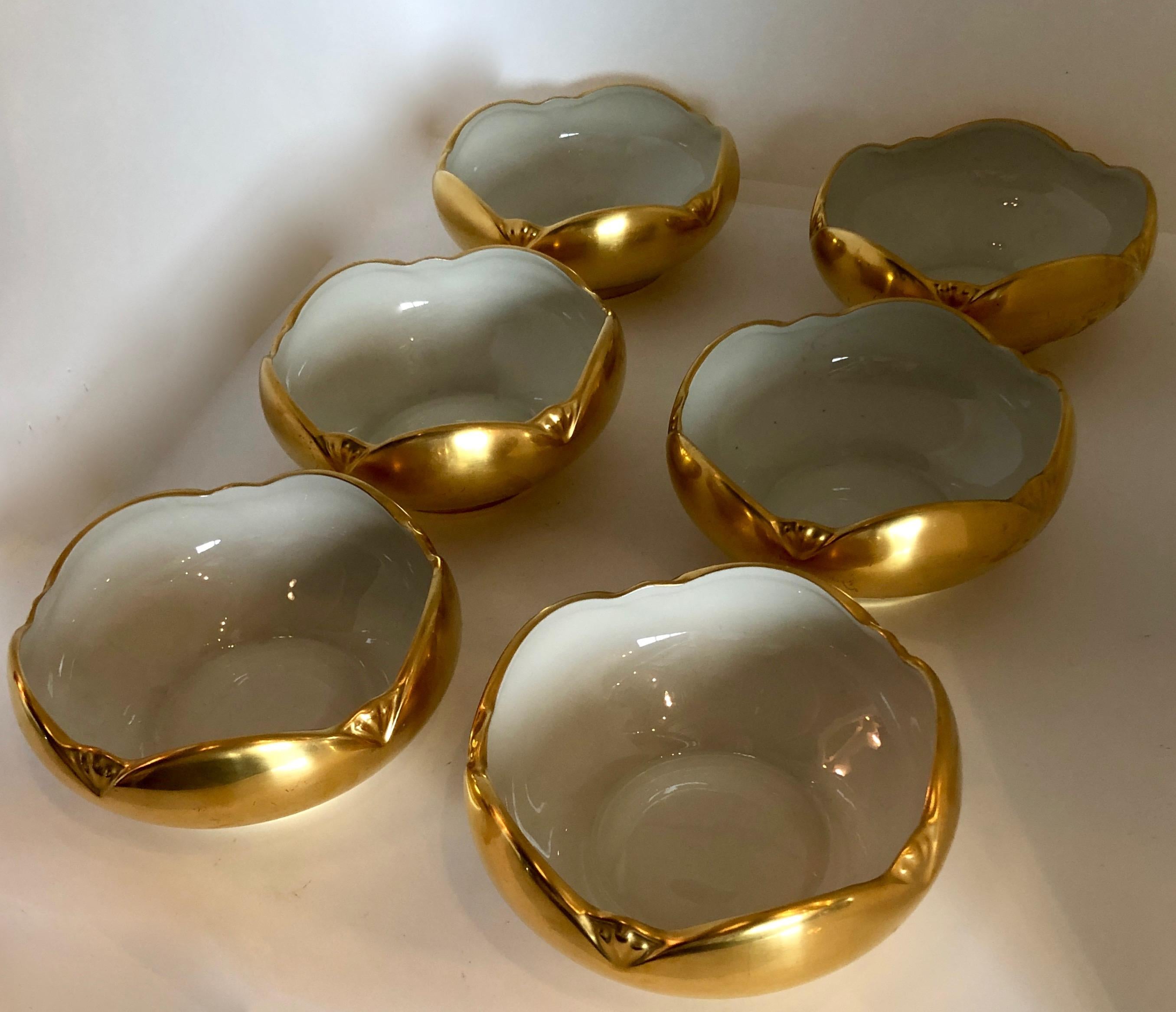 Mid-Century Modern Set of 6 Picard Hand Decorated Ensemble Gold and White Interior Porcelain Bowls For Sale