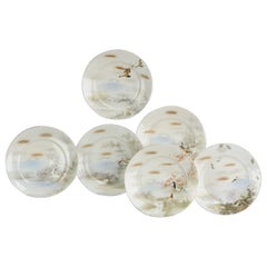 Set di 6 pezzi di piatti di porcellana giapponese a forma di uccelli dipinti a mano, 1920-1940