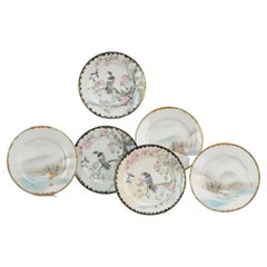 Set of 6 Pieces Japanese Porcelain Plates Hand Painted Taisho Period, 1920-1940