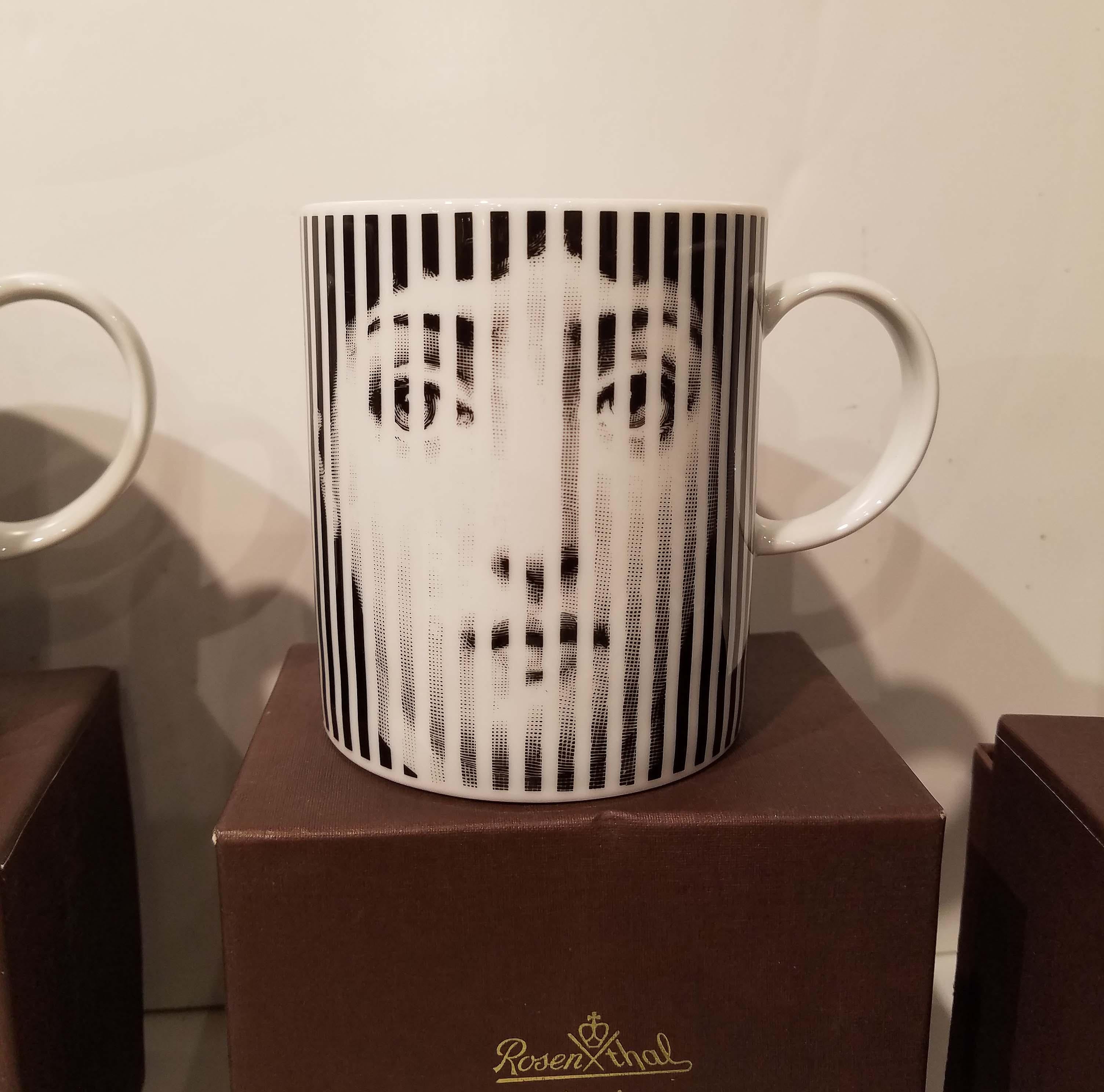 Mid-Century Modern Set of 6 Piero Fornasetti for Rosenthal Porcelain Coffee Mugs in Julia Pattern