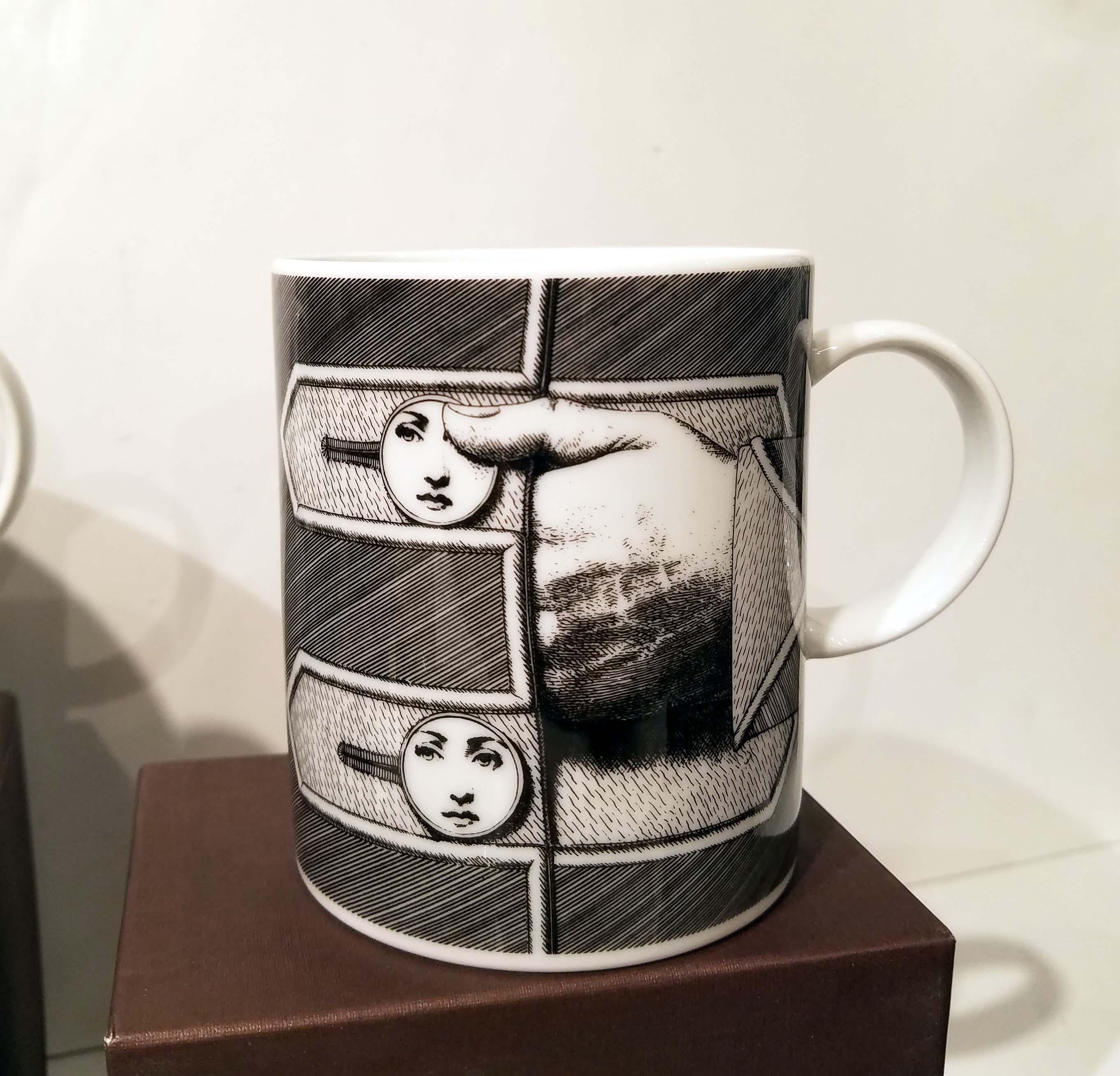 German Set of 6 Piero Fornasetti for Rosenthal Porcelain Coffee Mugs in Julia Pattern