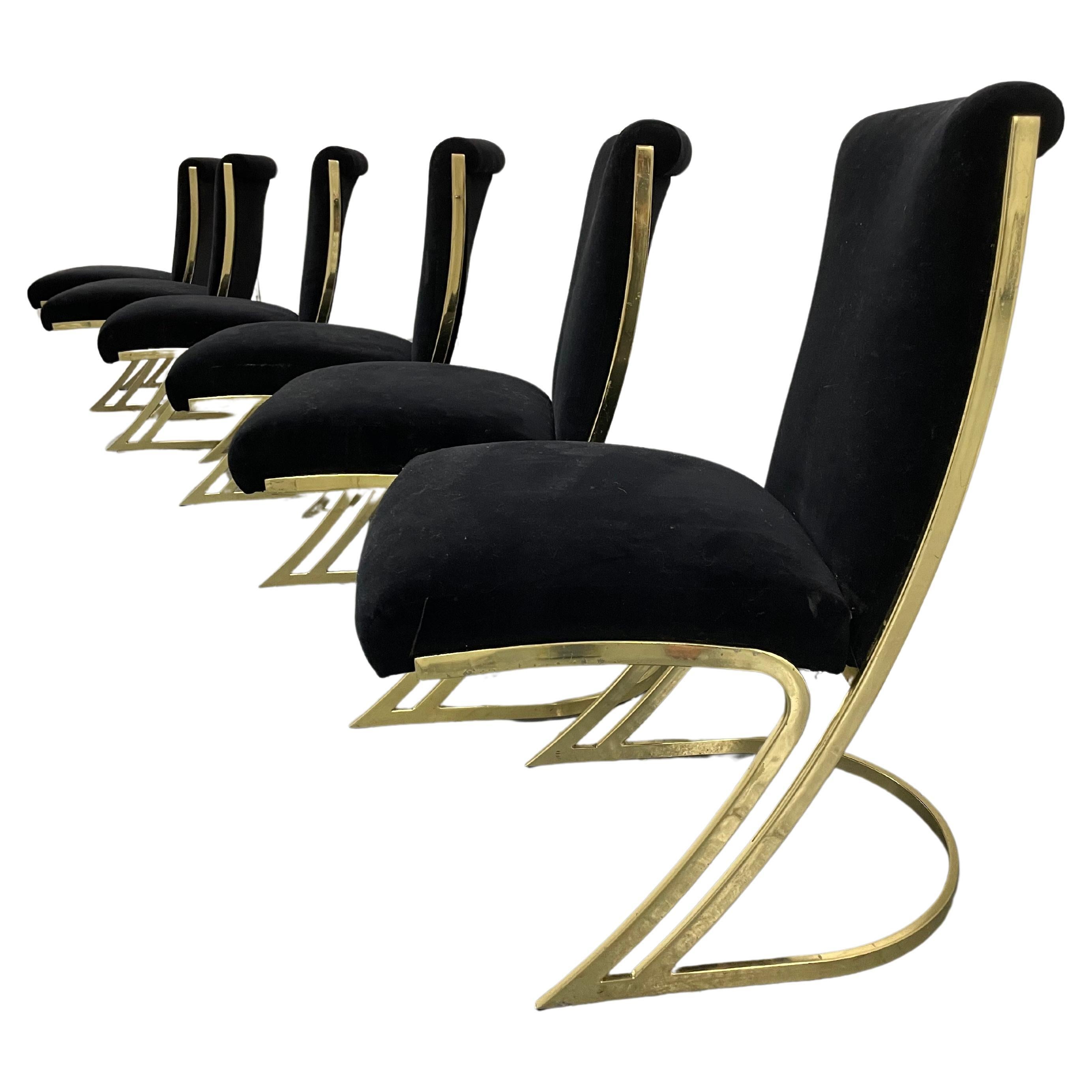 Juego de 6 sillas de comedor Pierre Cardin de latón y terciopelo negro, años 70 5