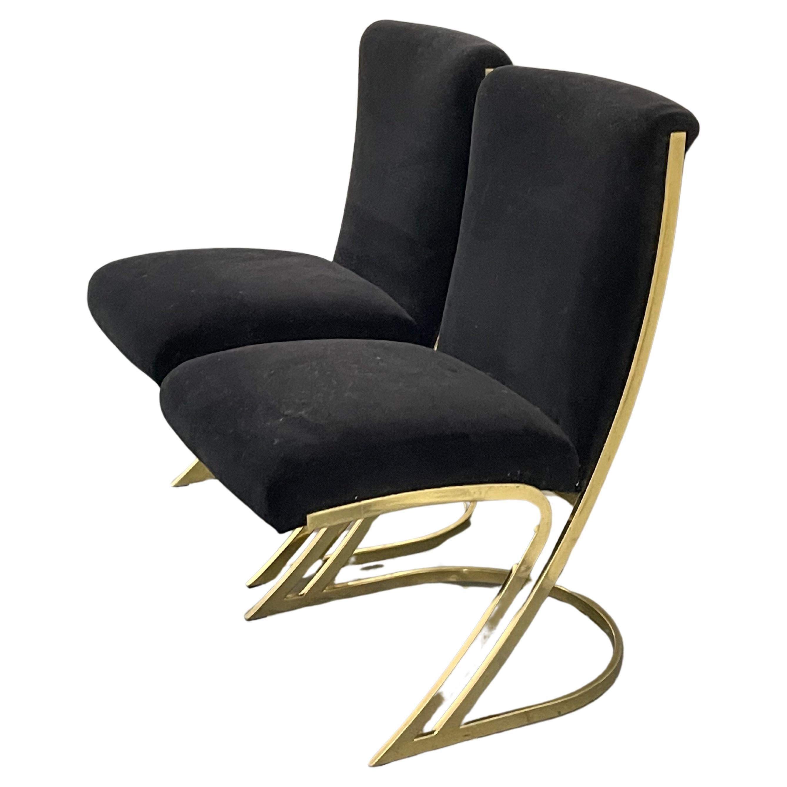 Juego de 6 sillas de comedor Pierre Cardin de latón y terciopelo negro, años 70 en Bueno Estado en Los Angeles, CA