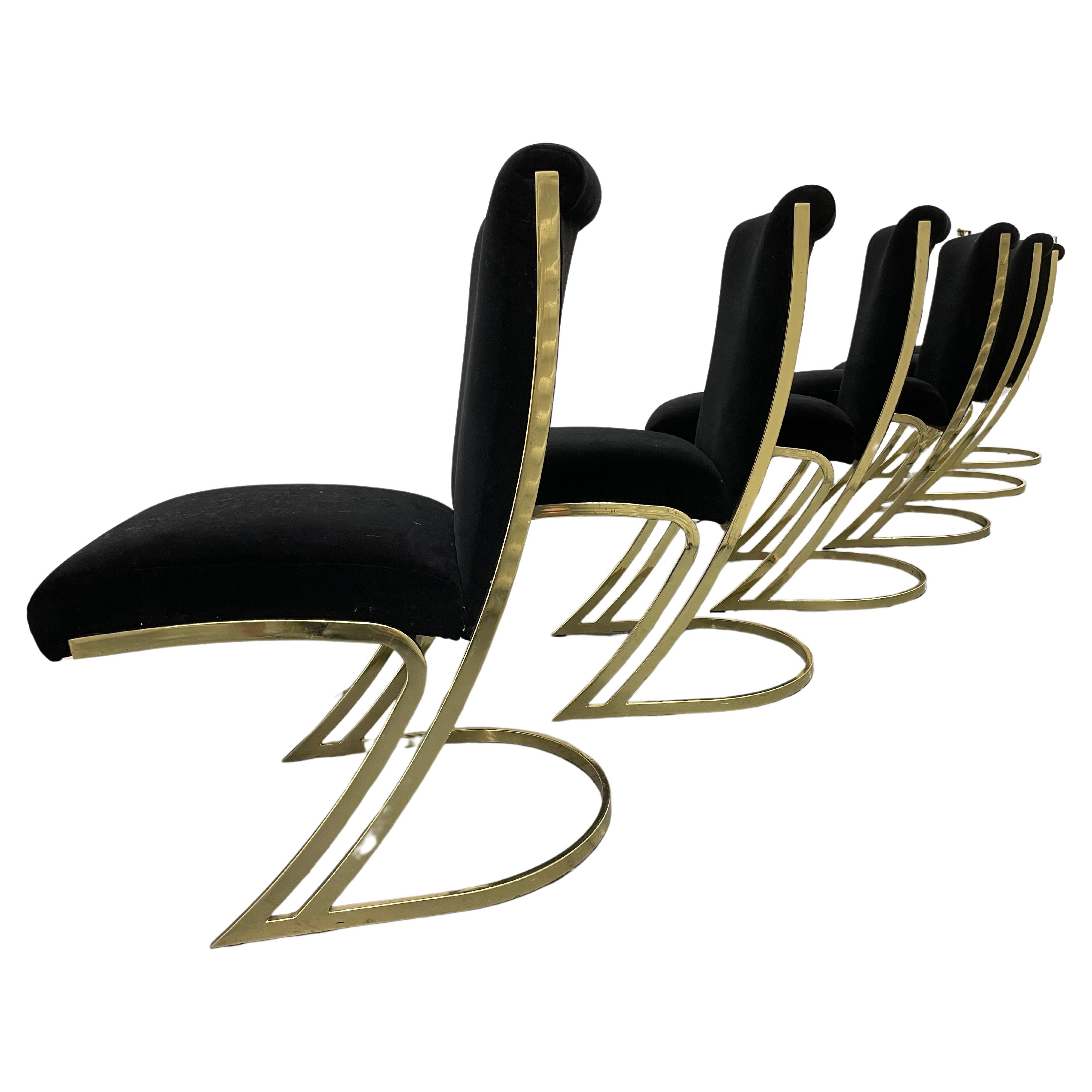 Juego de 6 sillas de comedor Pierre Cardin de latón y terciopelo negro, años 70 2