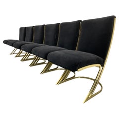 Set of 6 Pierre Cardin Brass Dining Chairs in Black Velvet, 1970s