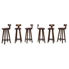 Vintage Set of 6 Pierre Chapo Inspired T-Back Brutalist Bar Stools