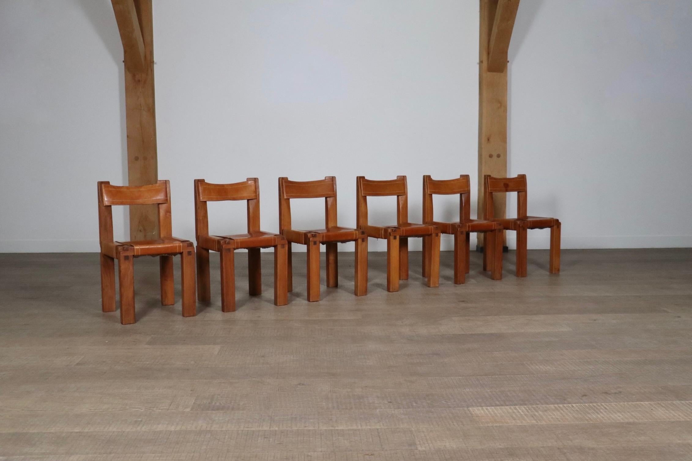 Incredible set of 6 model S11 dining chairs by French designer Pierre Chapo, designed in France in the 1960s. This iconic design is to be recognized by the iconic Chapo wood joints which were created as a result of the pioneering 48 x 72 assembly