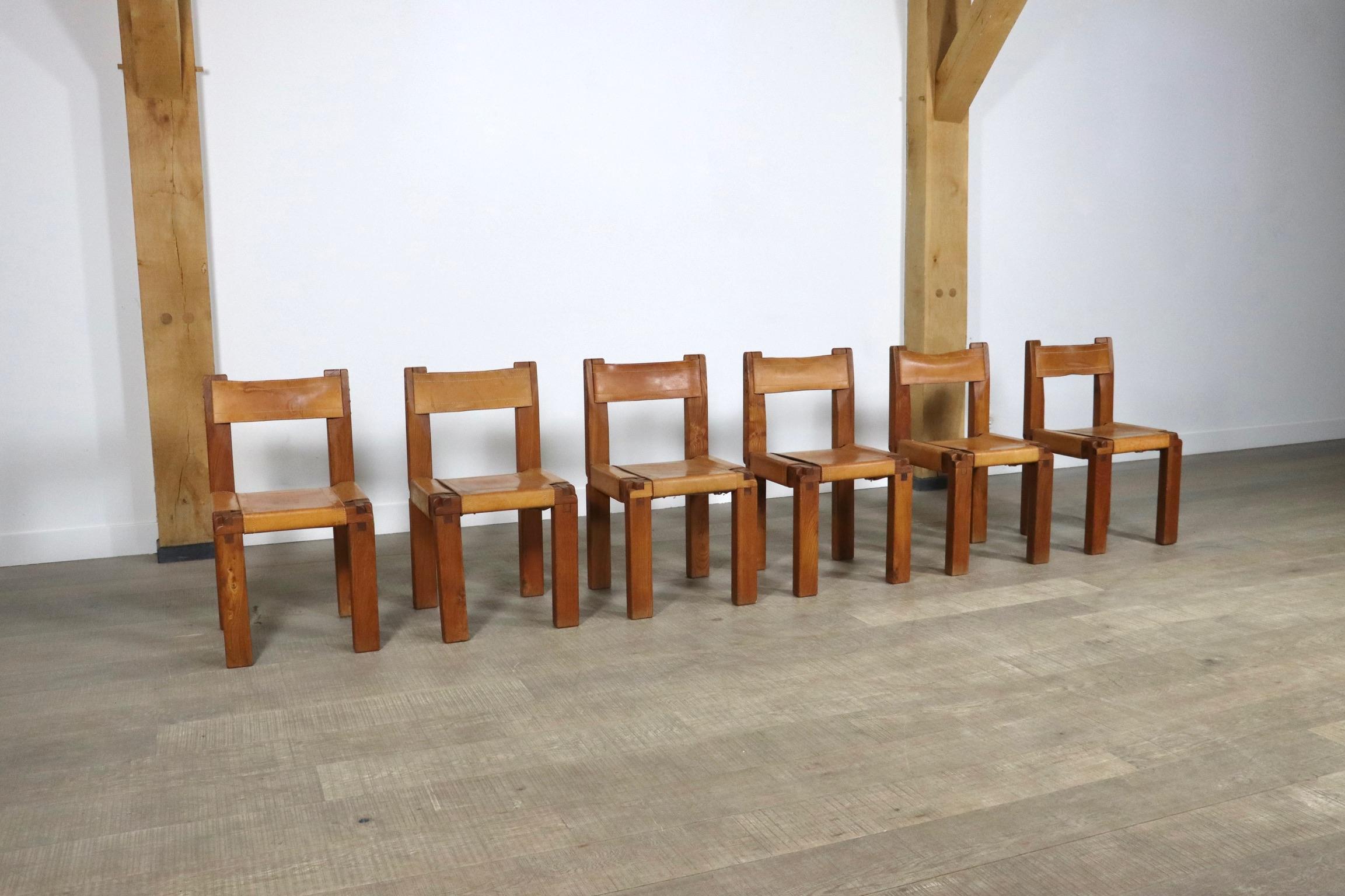 Leather Set Of 6 Pierre Chapo S11 Dining Chairs, France, 1960s For Sale