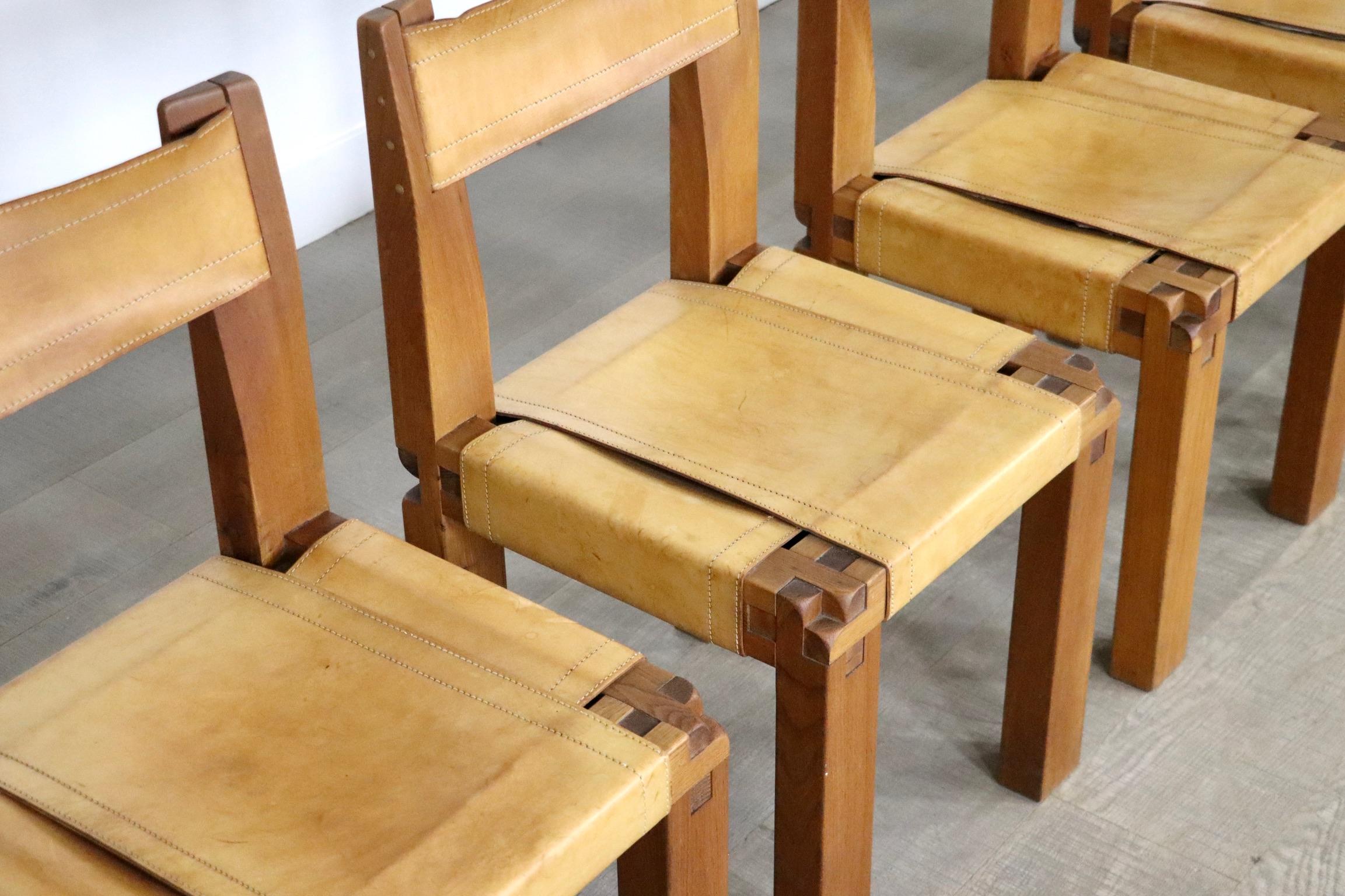 Leather Set Of 6 Pierre Chapo S11 Dining Chairs, France, 1960s