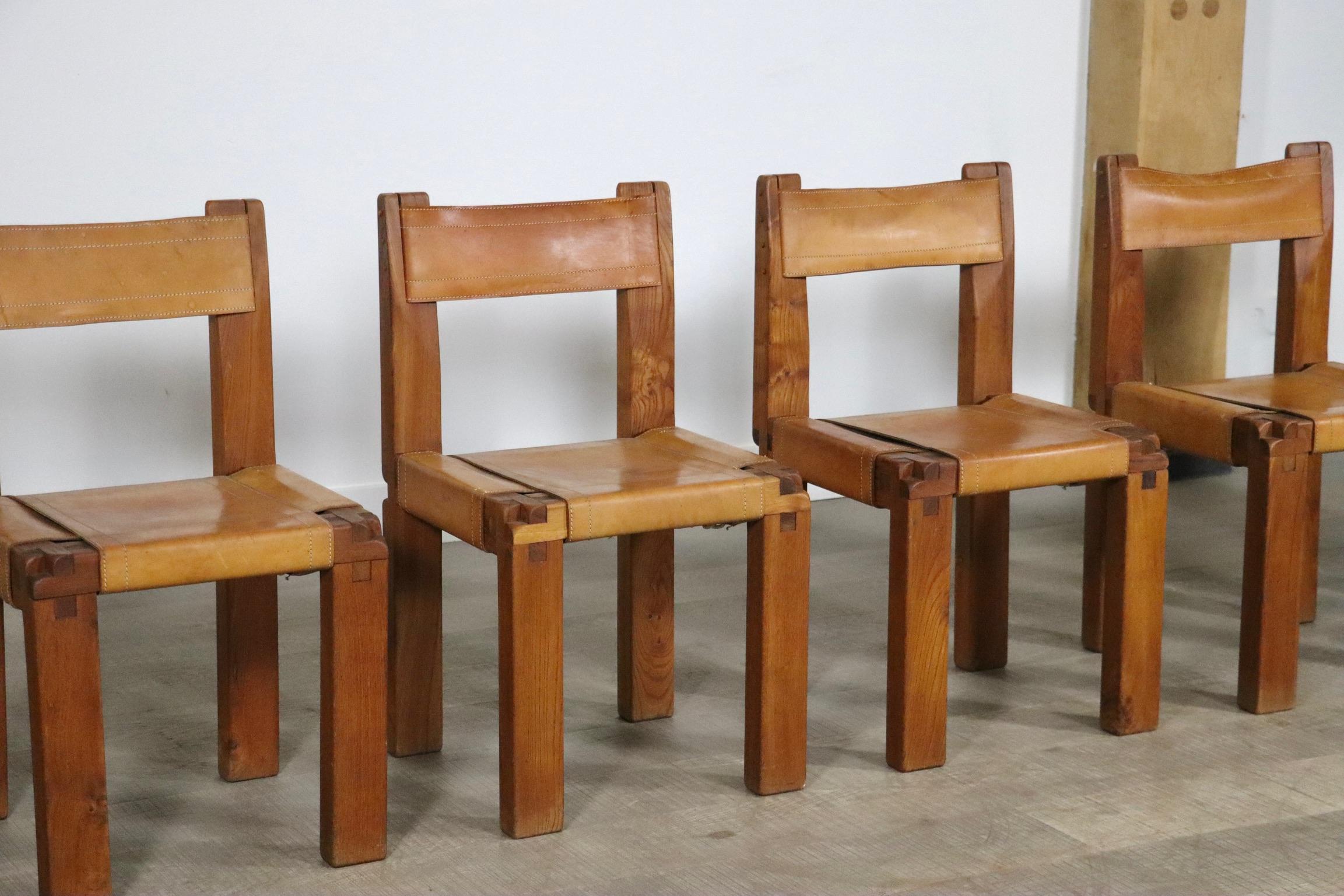 Milieu du XXe siècle Ensemble de 6 chaises de salle à manger Pierre Chapo S11, France, années 1960 en vente