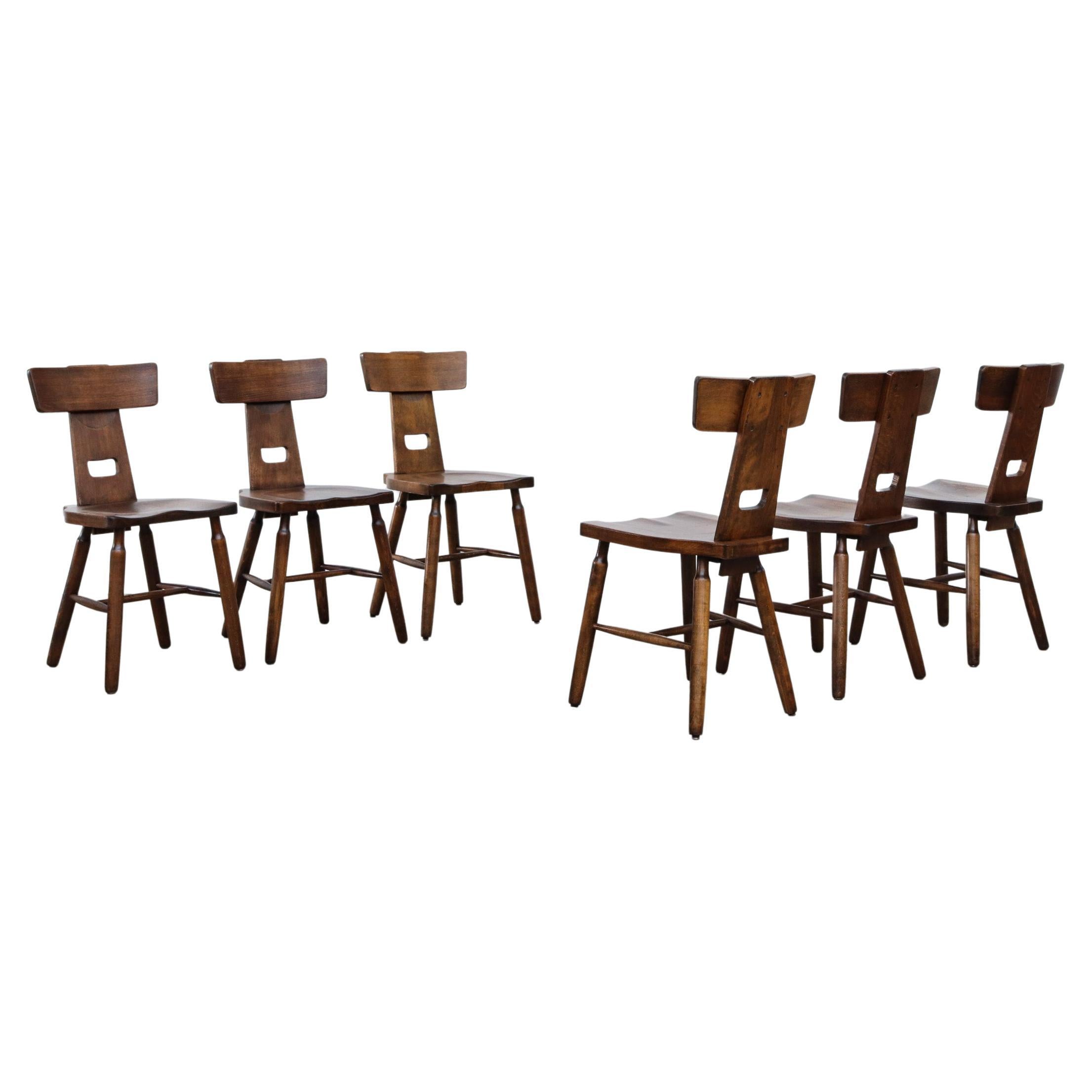 Set of 6 Pierre Chapo Style Brutalist T-Back Dining Chairs
