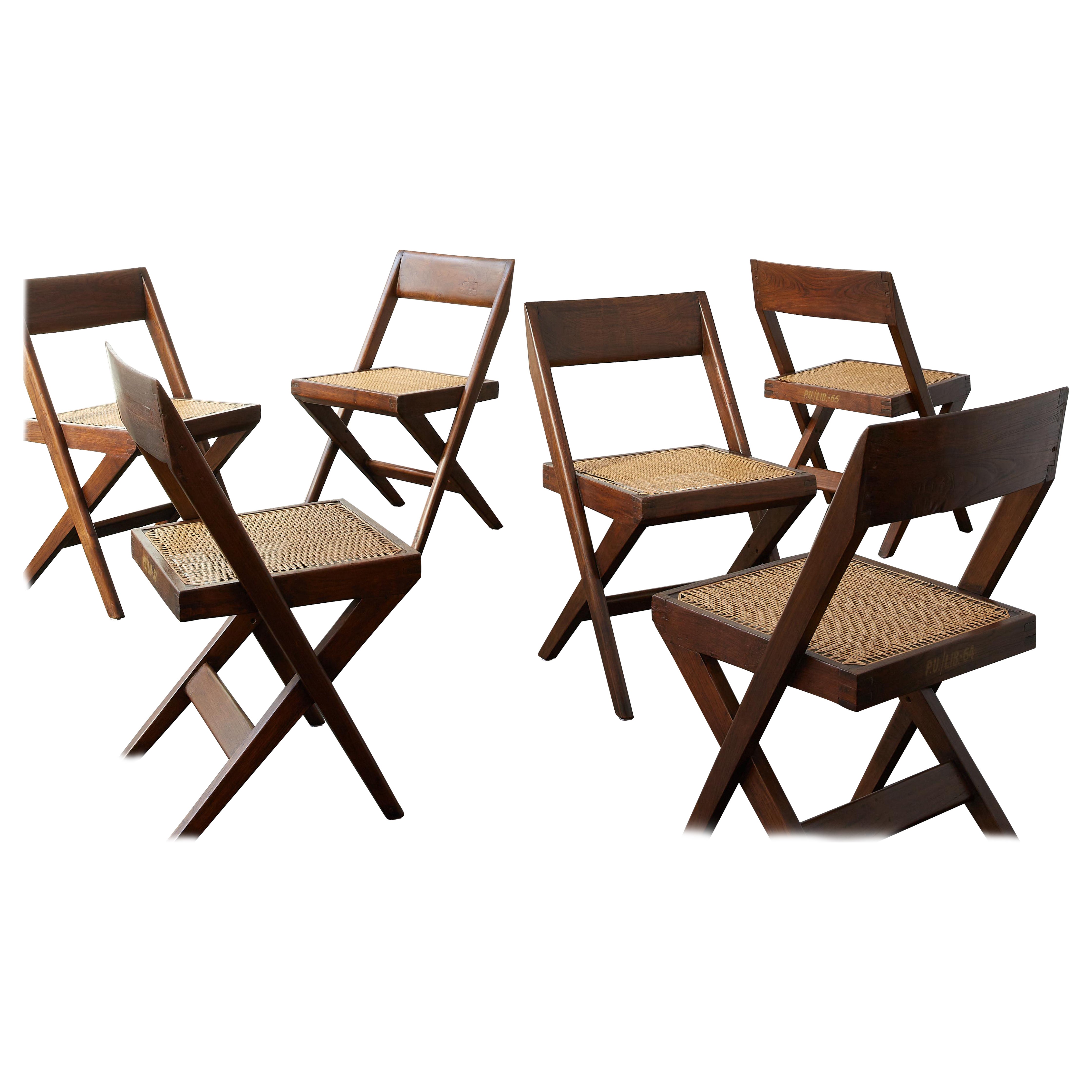 Set of 6 Pierre Jeanneret Cane Seat Wood Back Chairs c. 1959-60