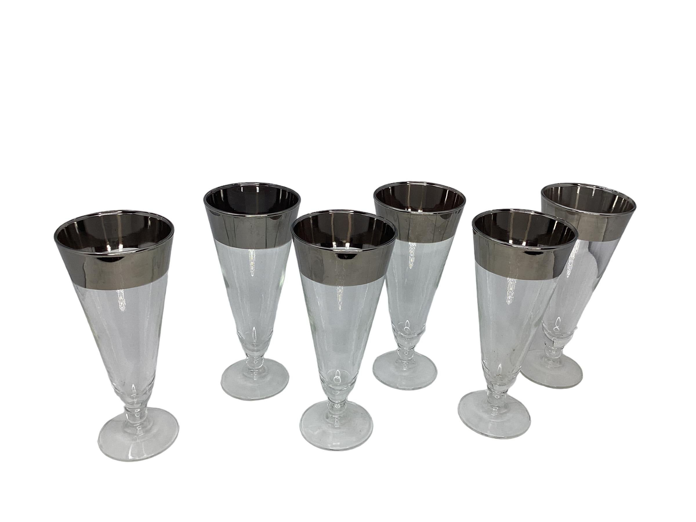 20th Century Set of 6 Pilsner Glasses with Silver Band For Sale
