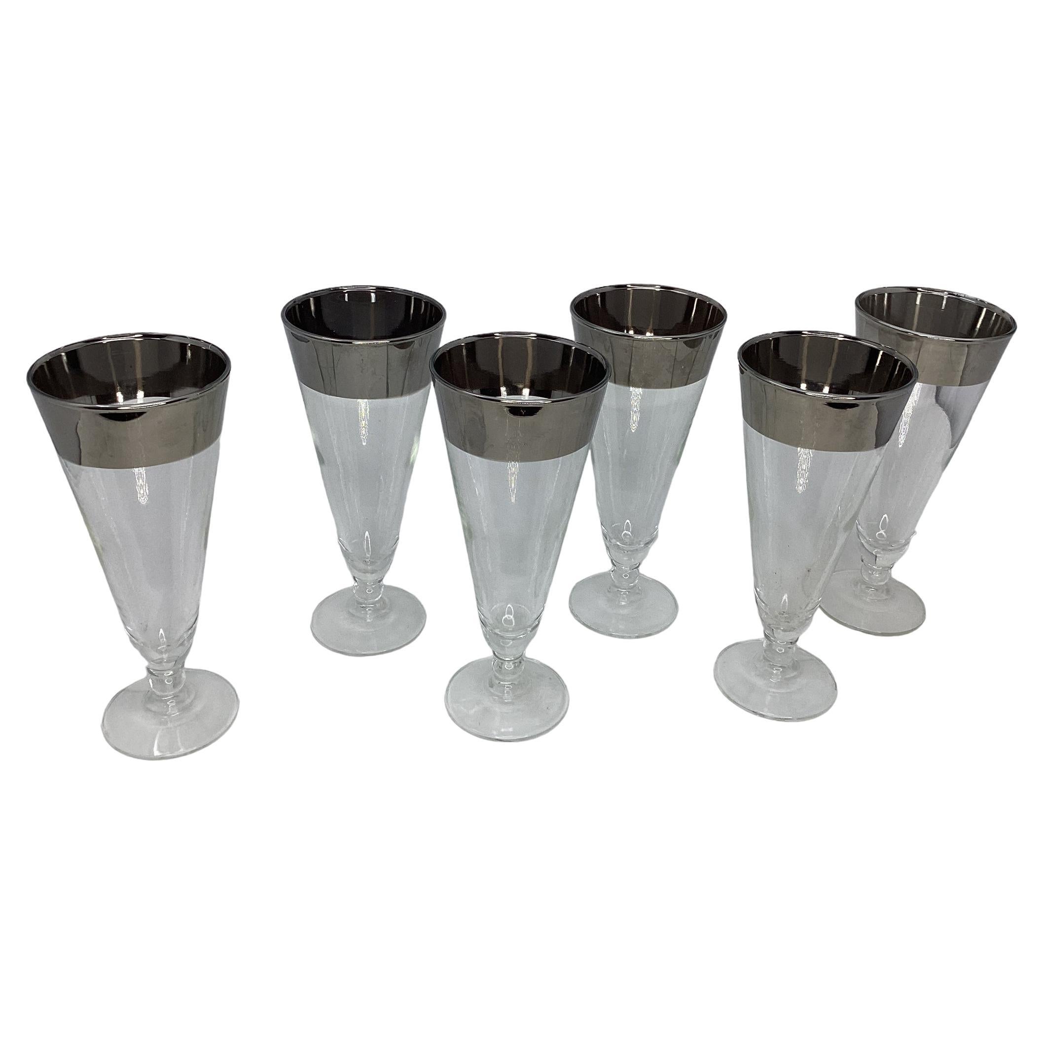 Set of 6 Pilsner Glasses with Silver Band For Sale