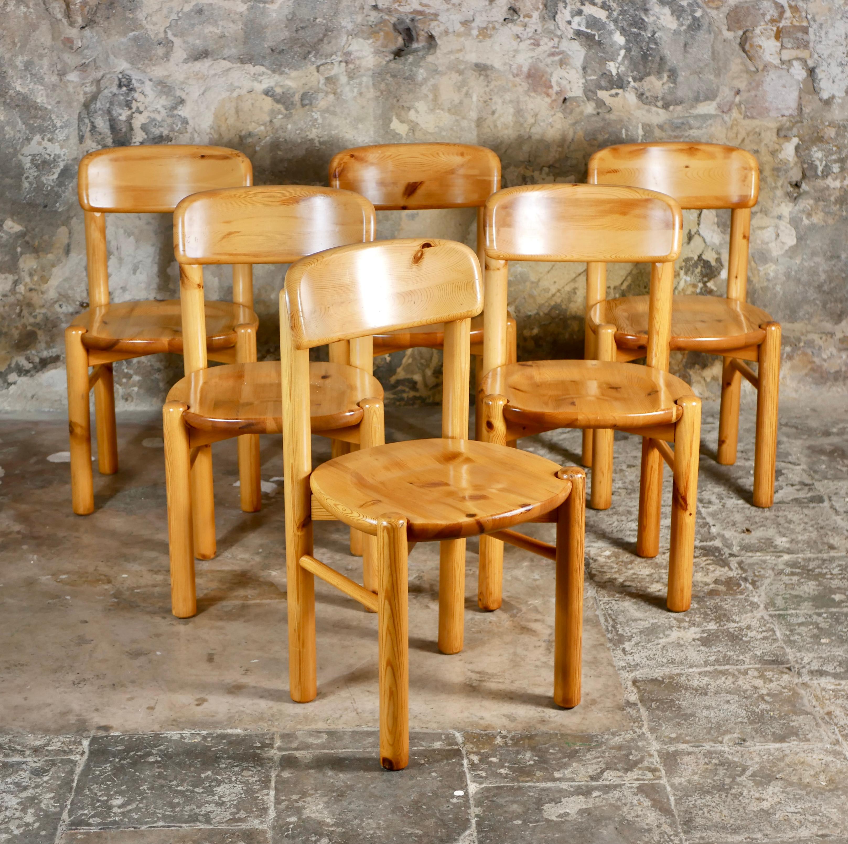 Brutalisme Ensemble de 6 chaises en pin par Rainer Daumiller pour Hirsthals Savvaerk, Danemark, années 1960 en vente
