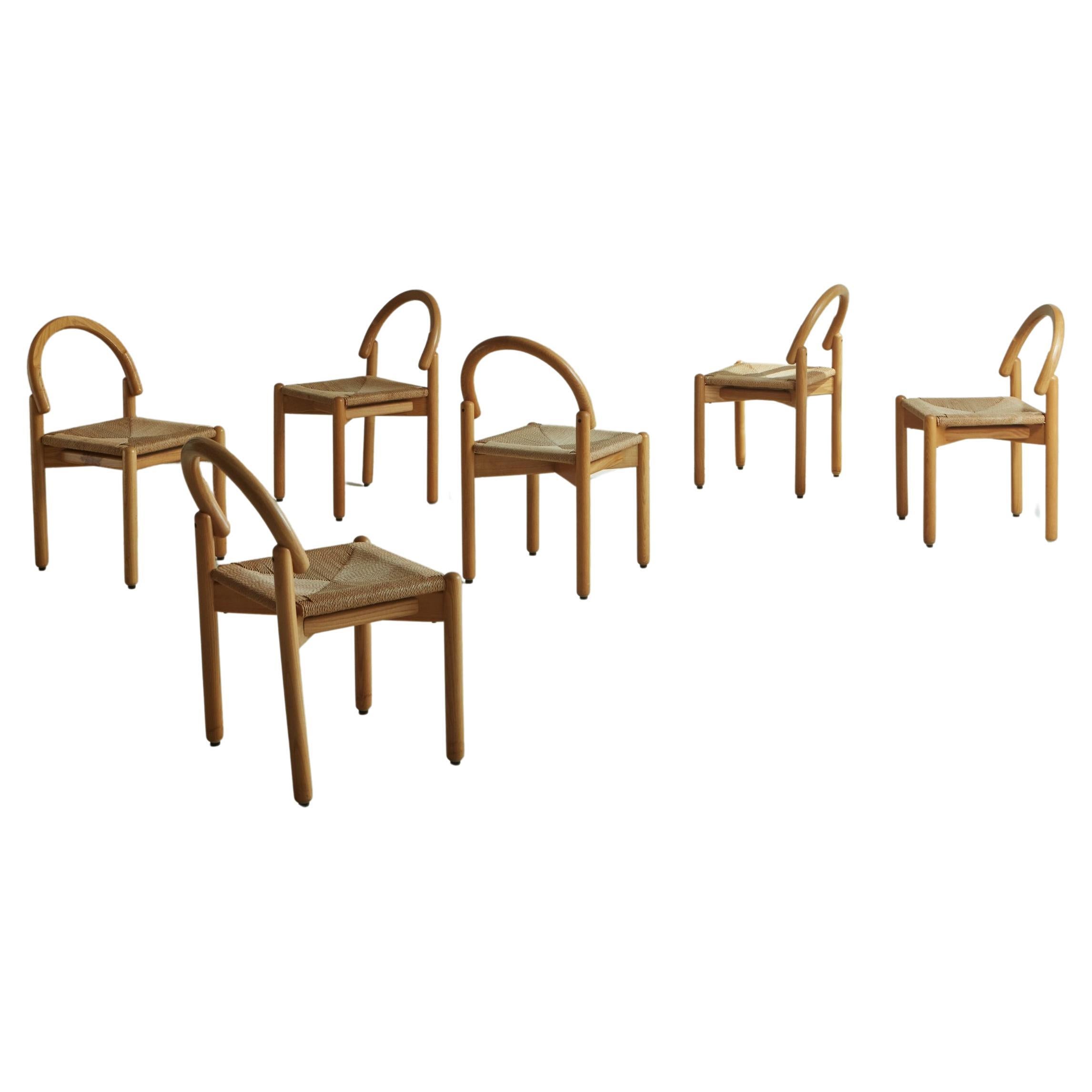 Set of 6 Pine Dining Chairs with Rope Seats Attributed to Alberto Churba For Sale