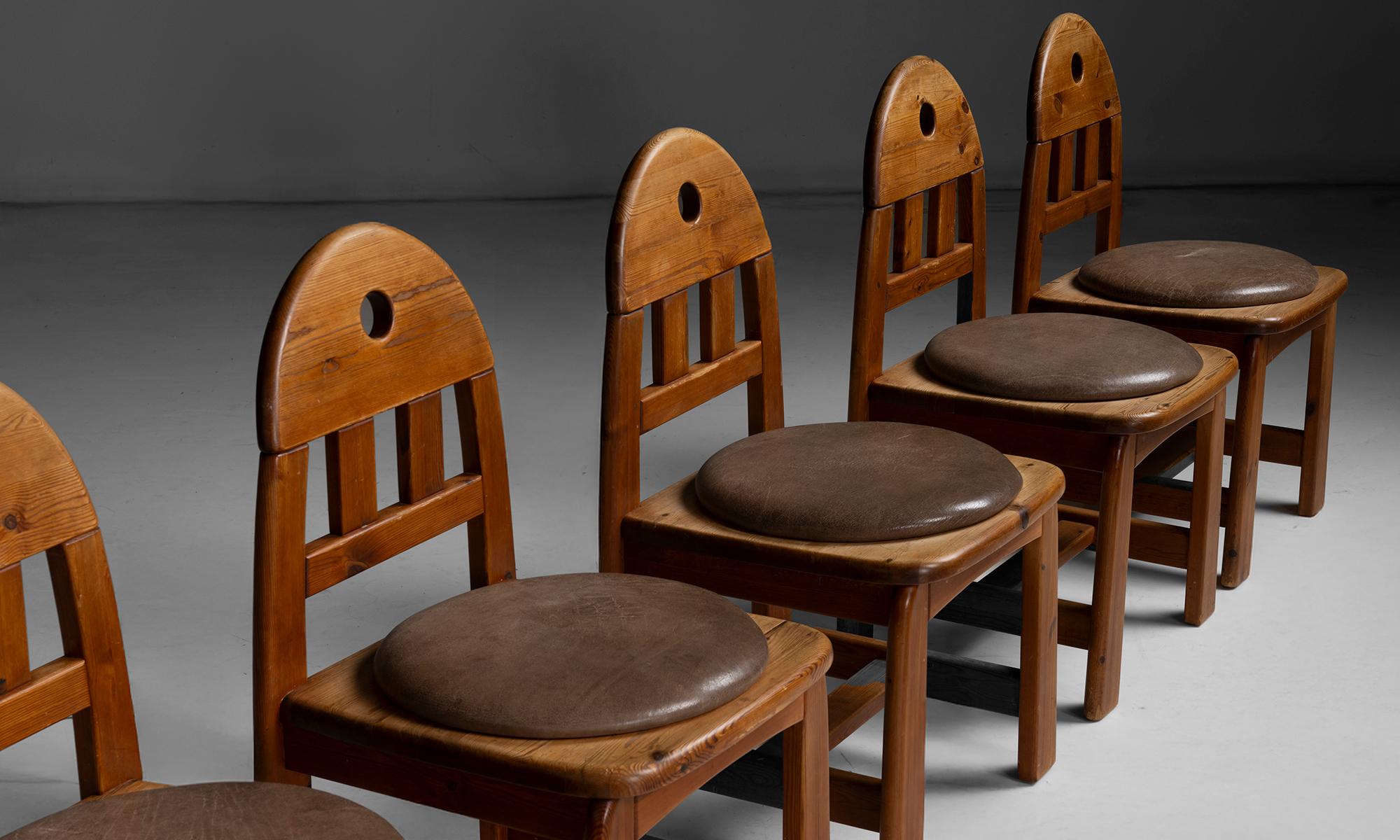 Set of (6) Pine & Leather Dining Chairs by Wasa Mobel, Germany circa 1990 In Good Condition For Sale In Culver City, CA