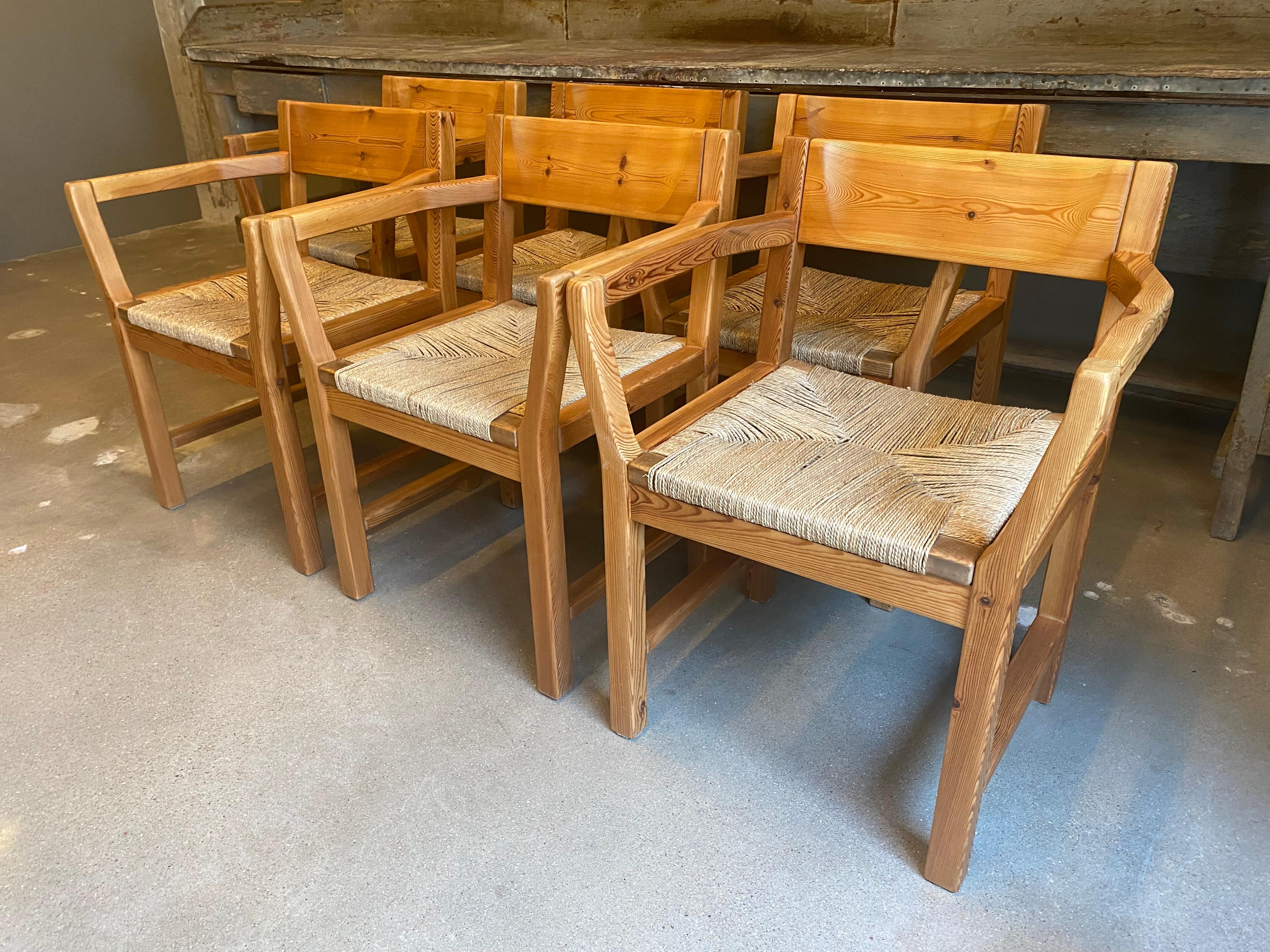 Late 20th Century Set of 6 Pine & Rush Dining Chairs, Scandinavian Modern, 1970's