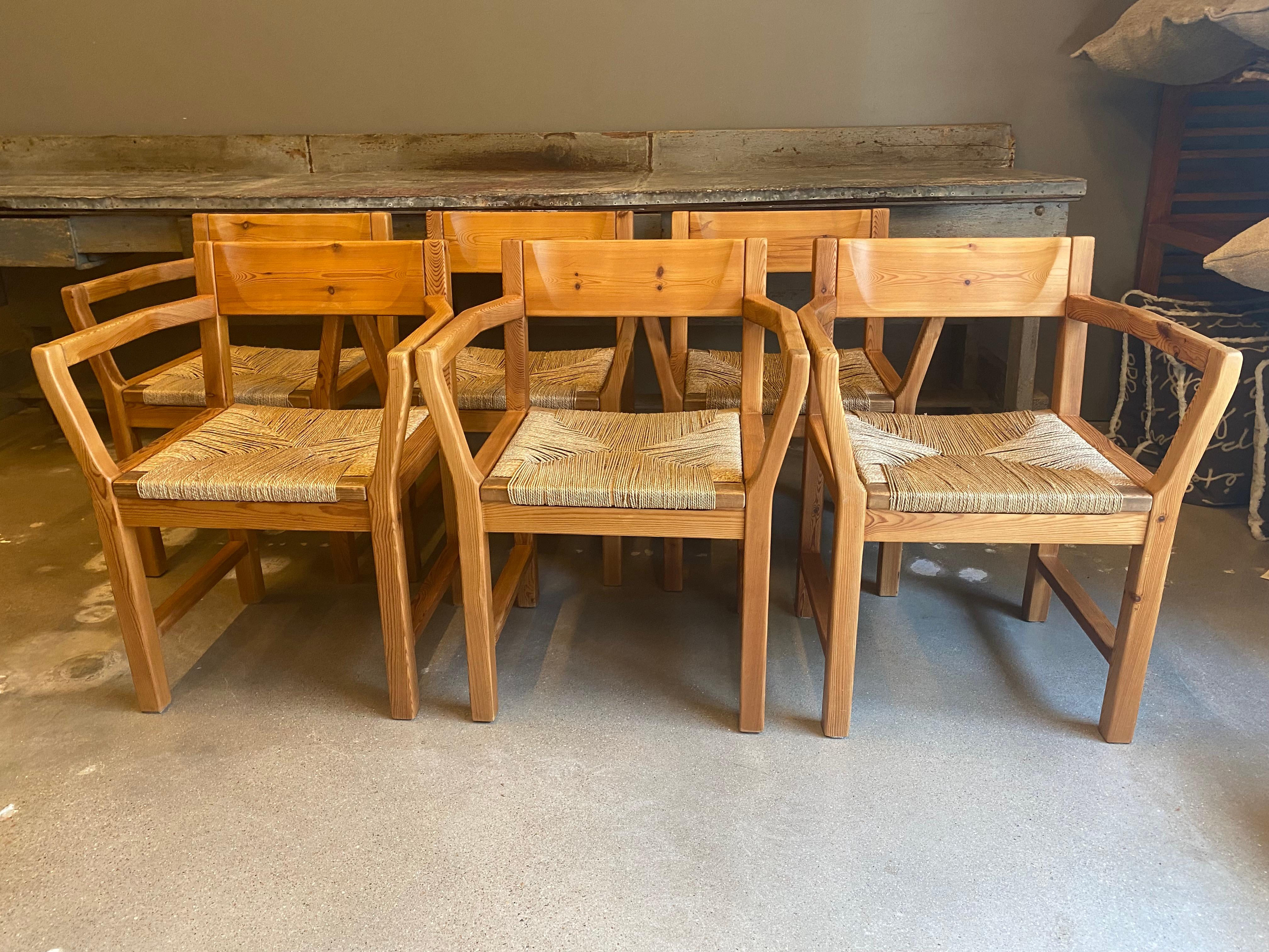 Set of 6 Pine & Rush Dining Chairs, Scandinavian Modern, 1970's 1