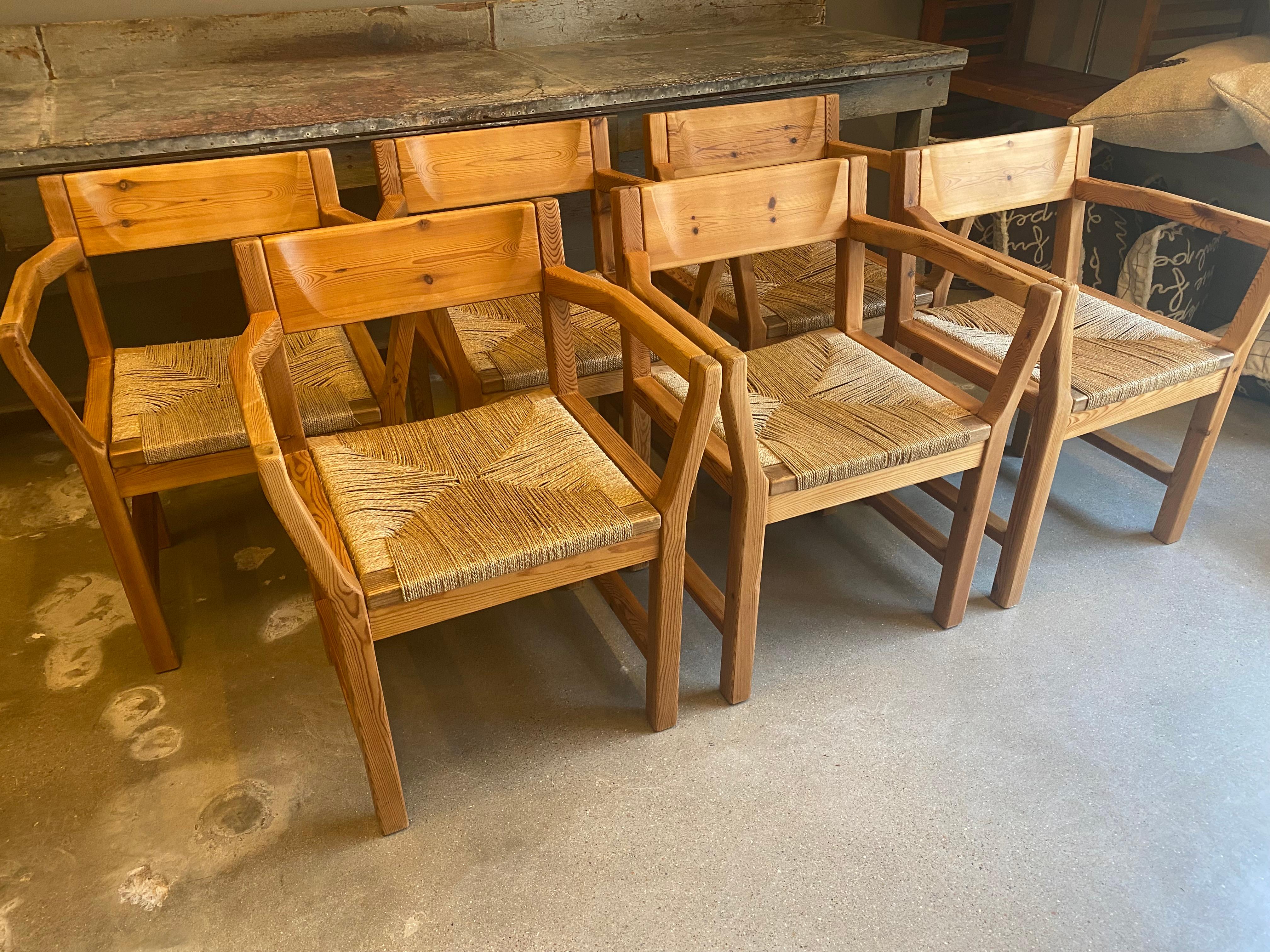 Set of 6 Pine & Rush Dining Chairs, Scandinavian Modern, 1970's 2