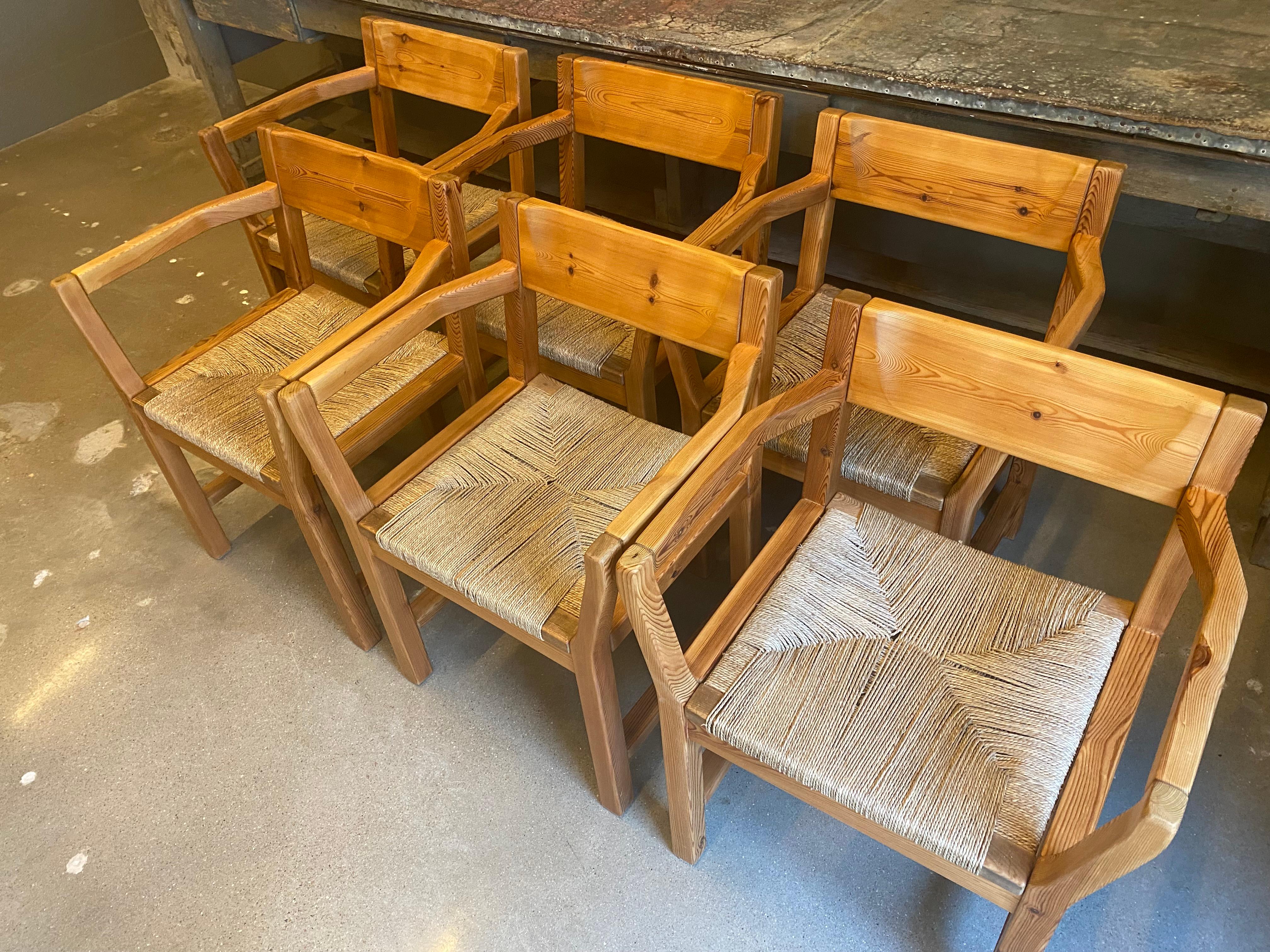 Set of 6 Pine & Rush Dining Chairs, Scandinavian Modern, 1970's 3