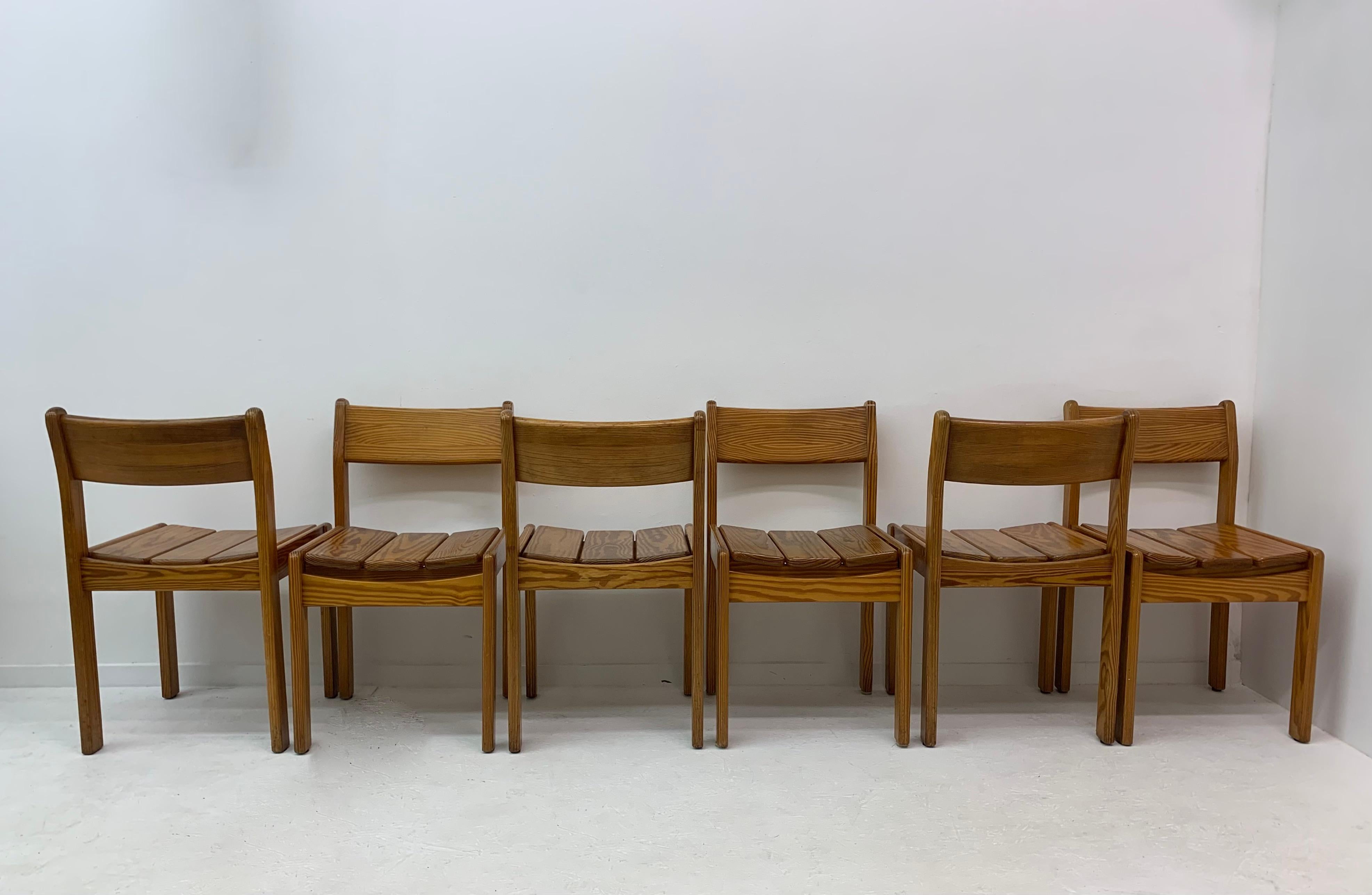 Set of 6 Pine Wood Dining Chairs, 1970’s For Sale 9