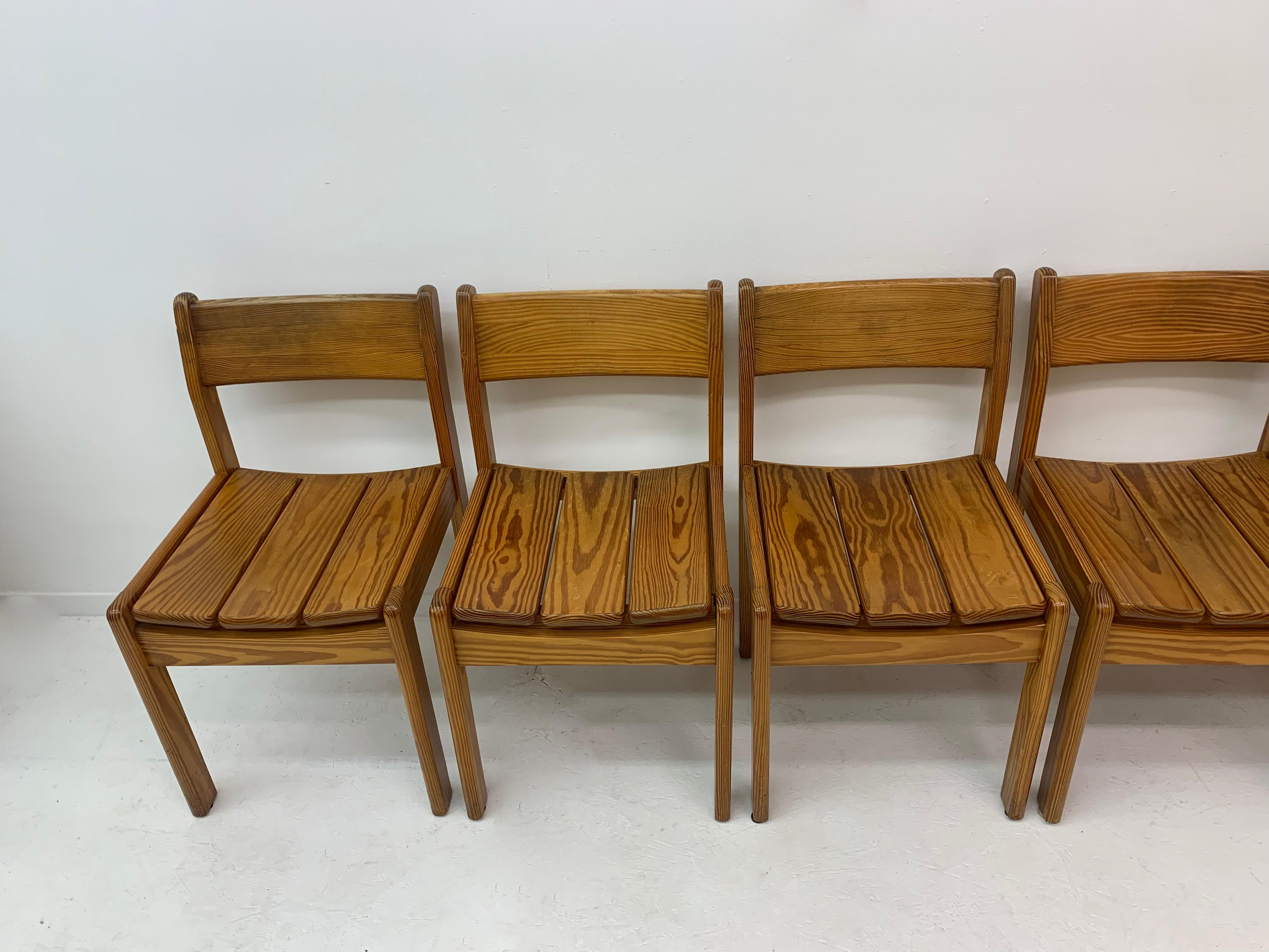 European Set of 6 Pine Wood Dining Chairs, 1970’s For Sale