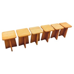 Set of 6 Pine Wood Stools in the Style of Pierre Chapo, France, 1960s
