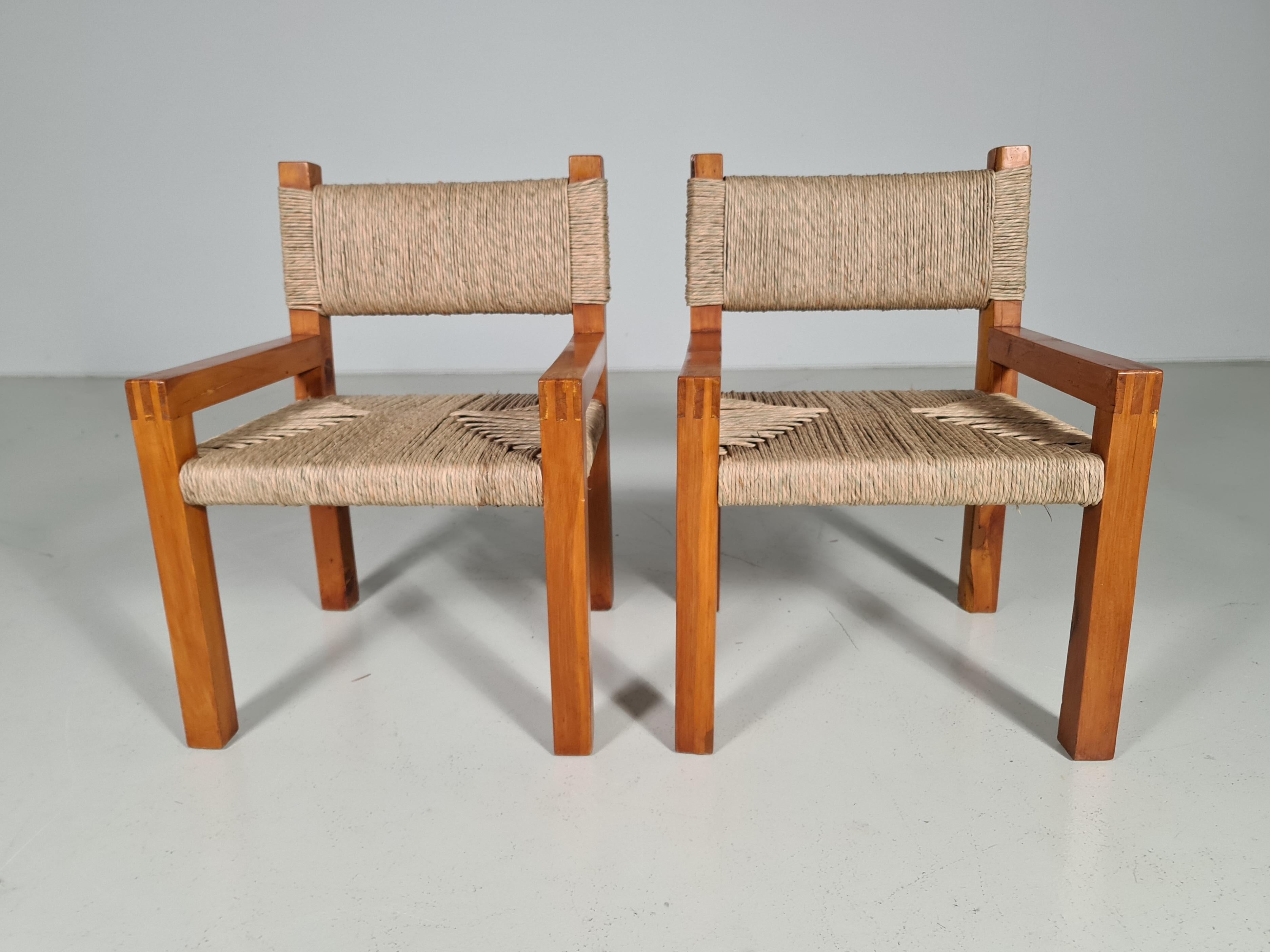 Set of 6 Pinewood and Papercord Dining Chairs, France, 1960s For Sale 4