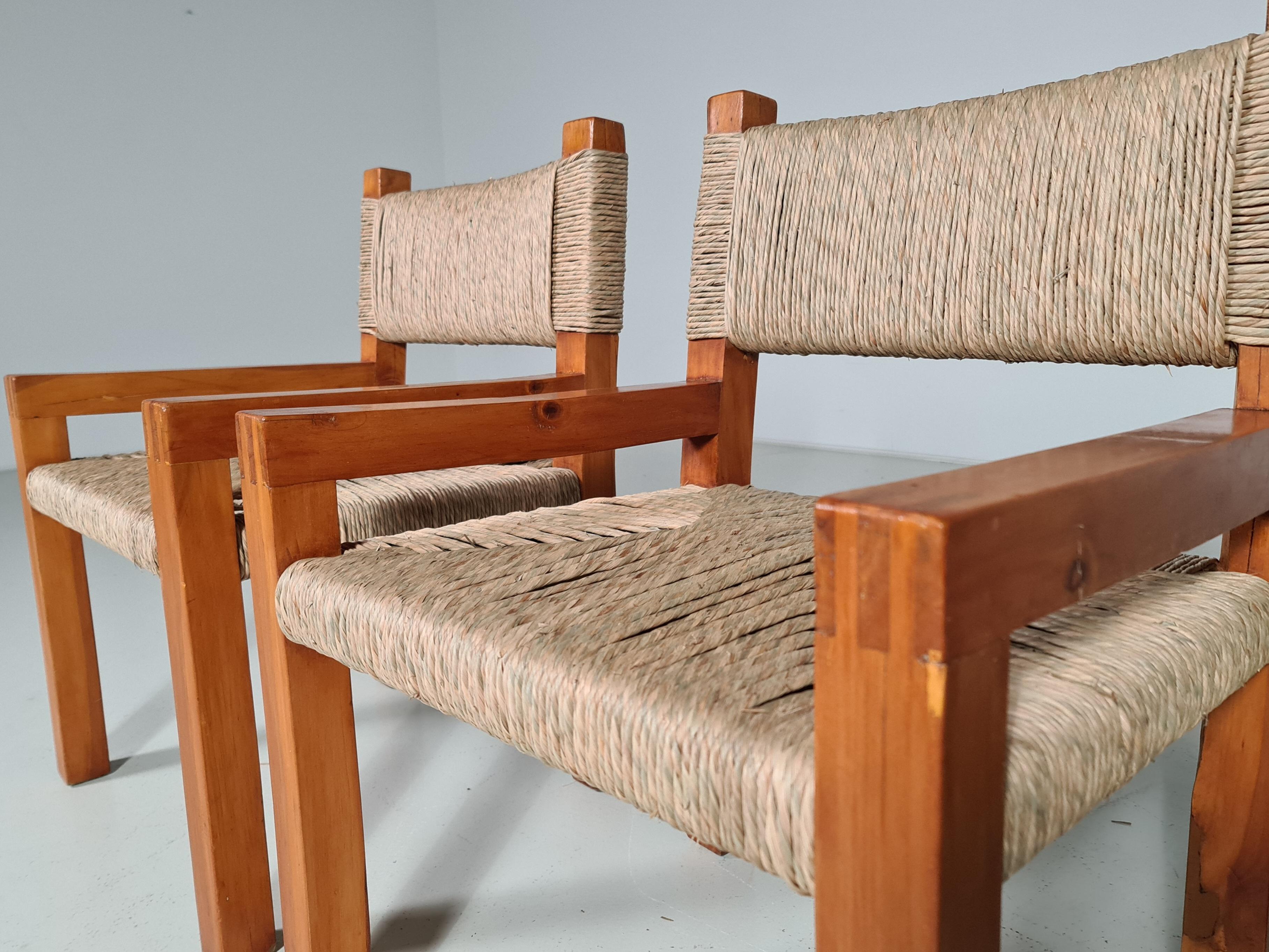 Set of 6 Pinewood and Papercord Dining Chairs, France, 1960s 5