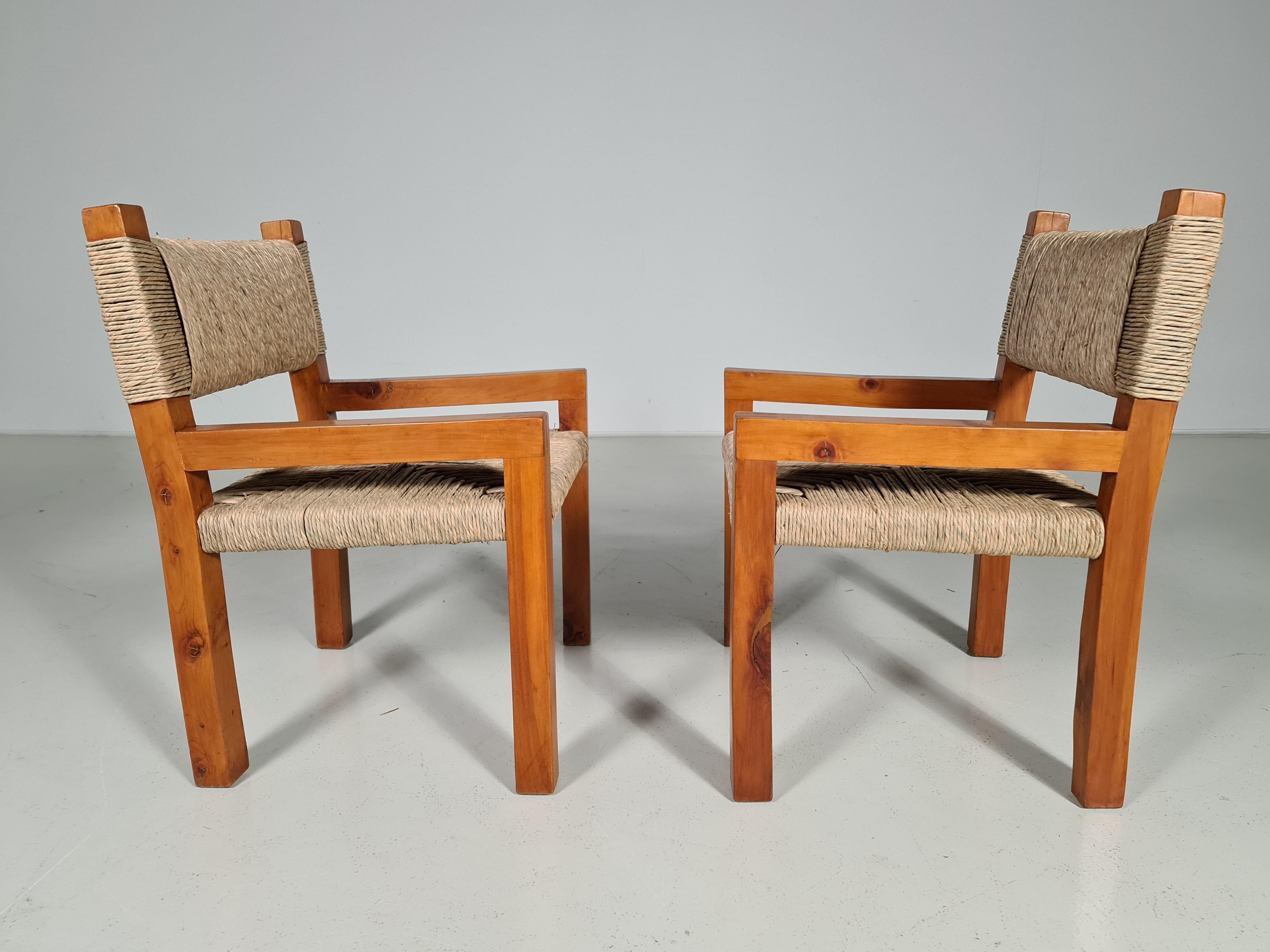Set of 6 Pinewood and Papercord Dining Chairs, France, 1960s 8