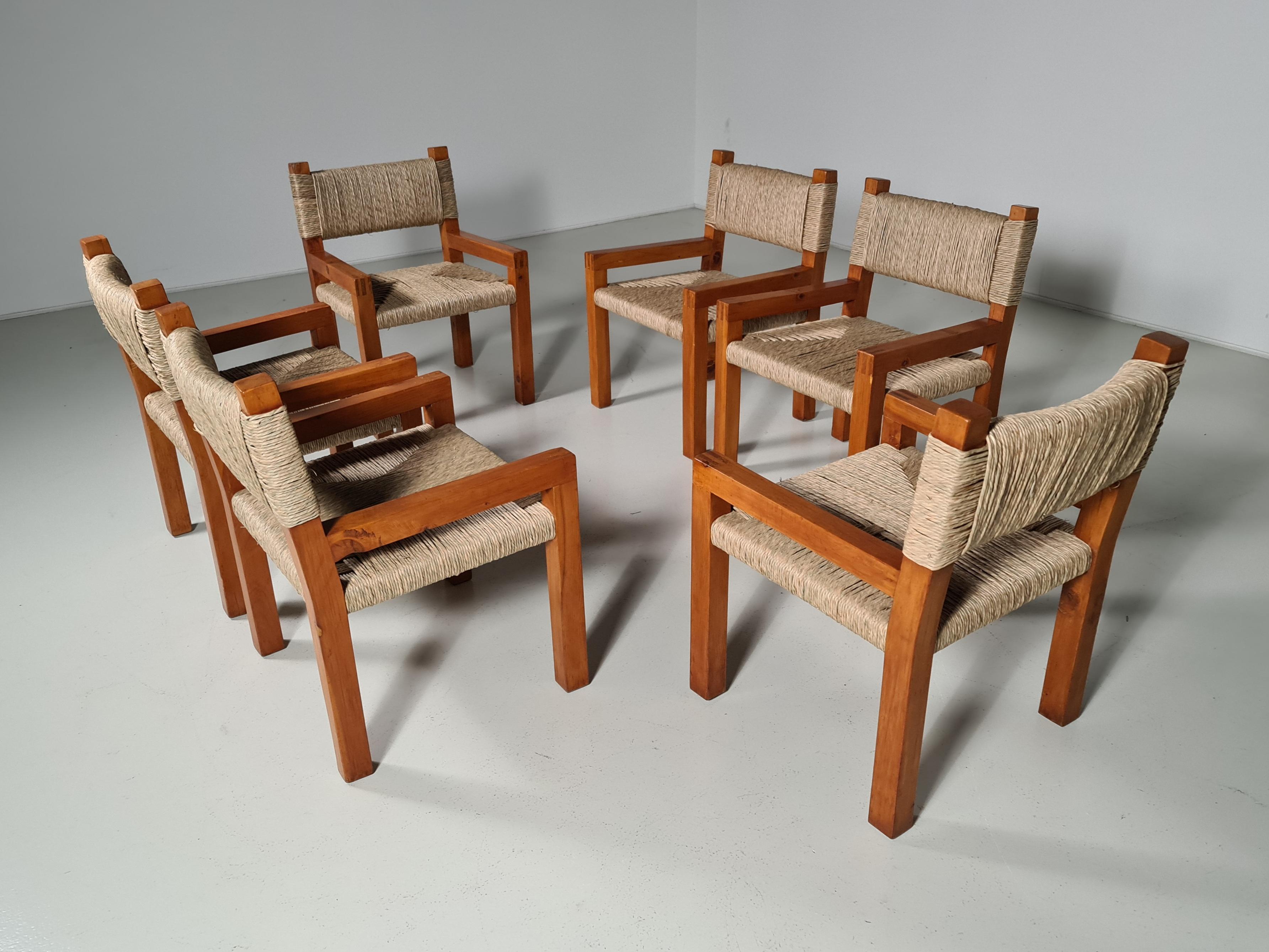 Mid-Century Modern Set of 6 Pinewood and Papercord Dining Chairs, France, 1960s For Sale