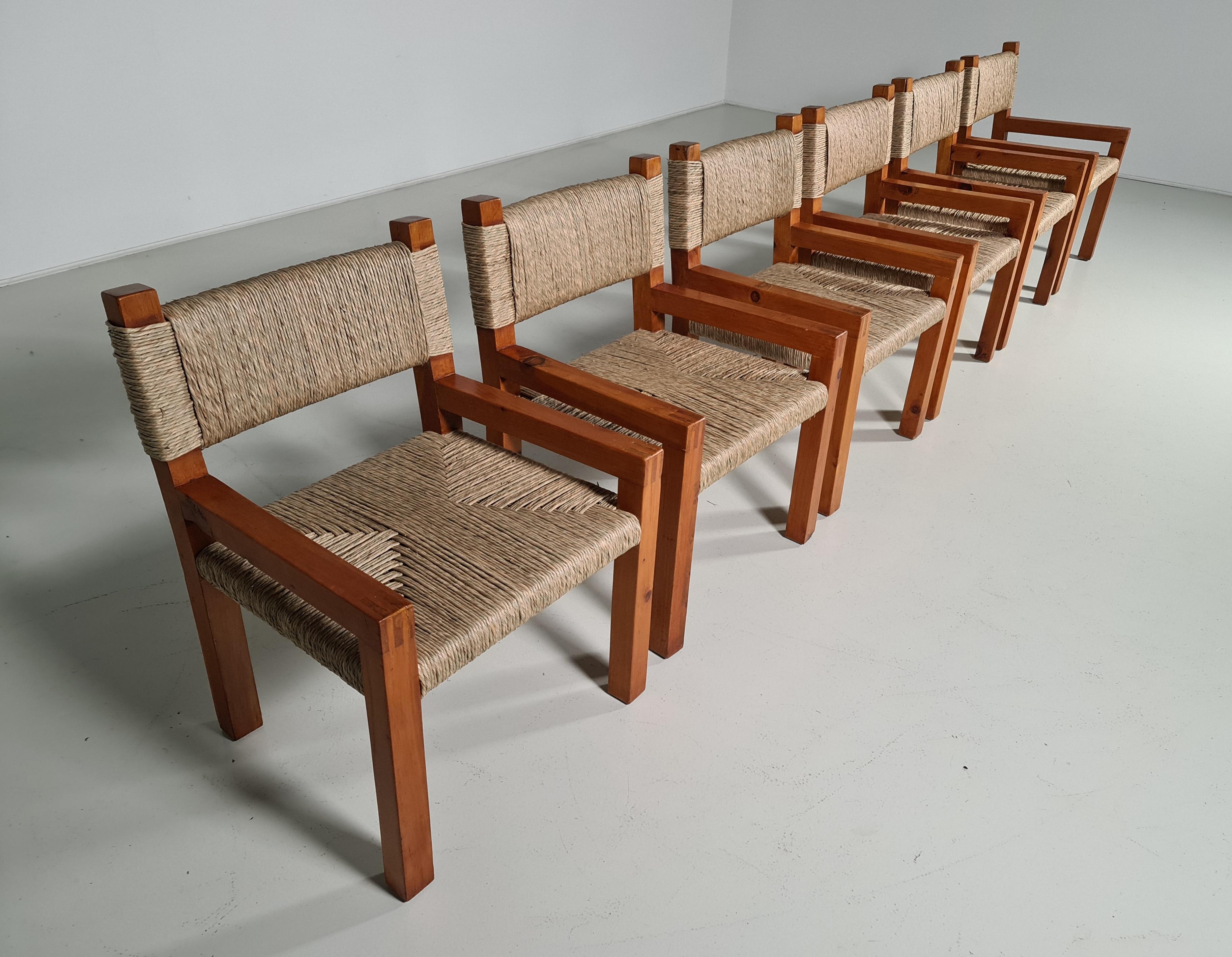 European Set of 6 Pinewood and Papercord Dining Chairs, France, 1960s For Sale
