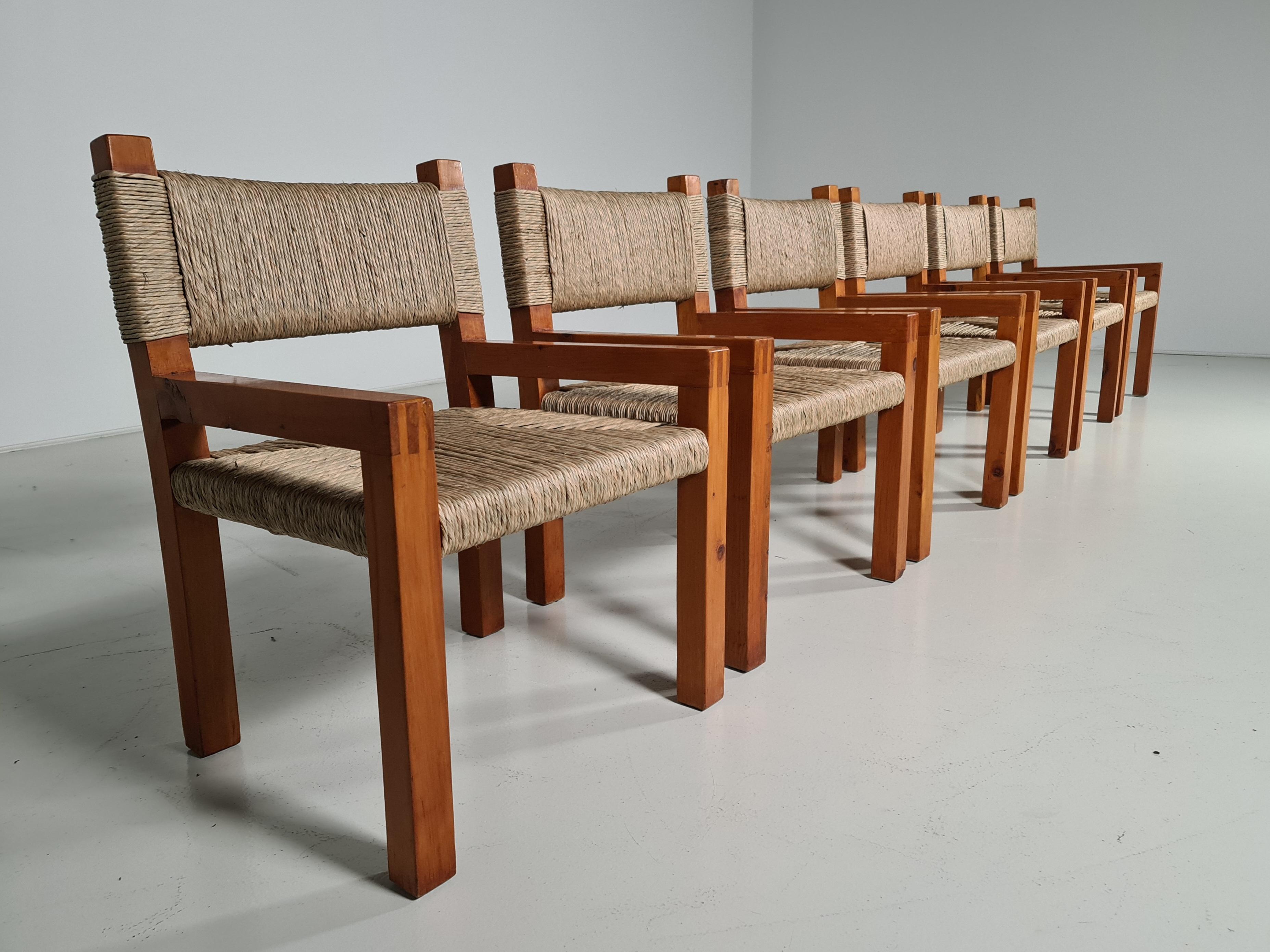Mid-20th Century Set of 6 Pinewood and Papercord Dining Chairs, France, 1960s For Sale