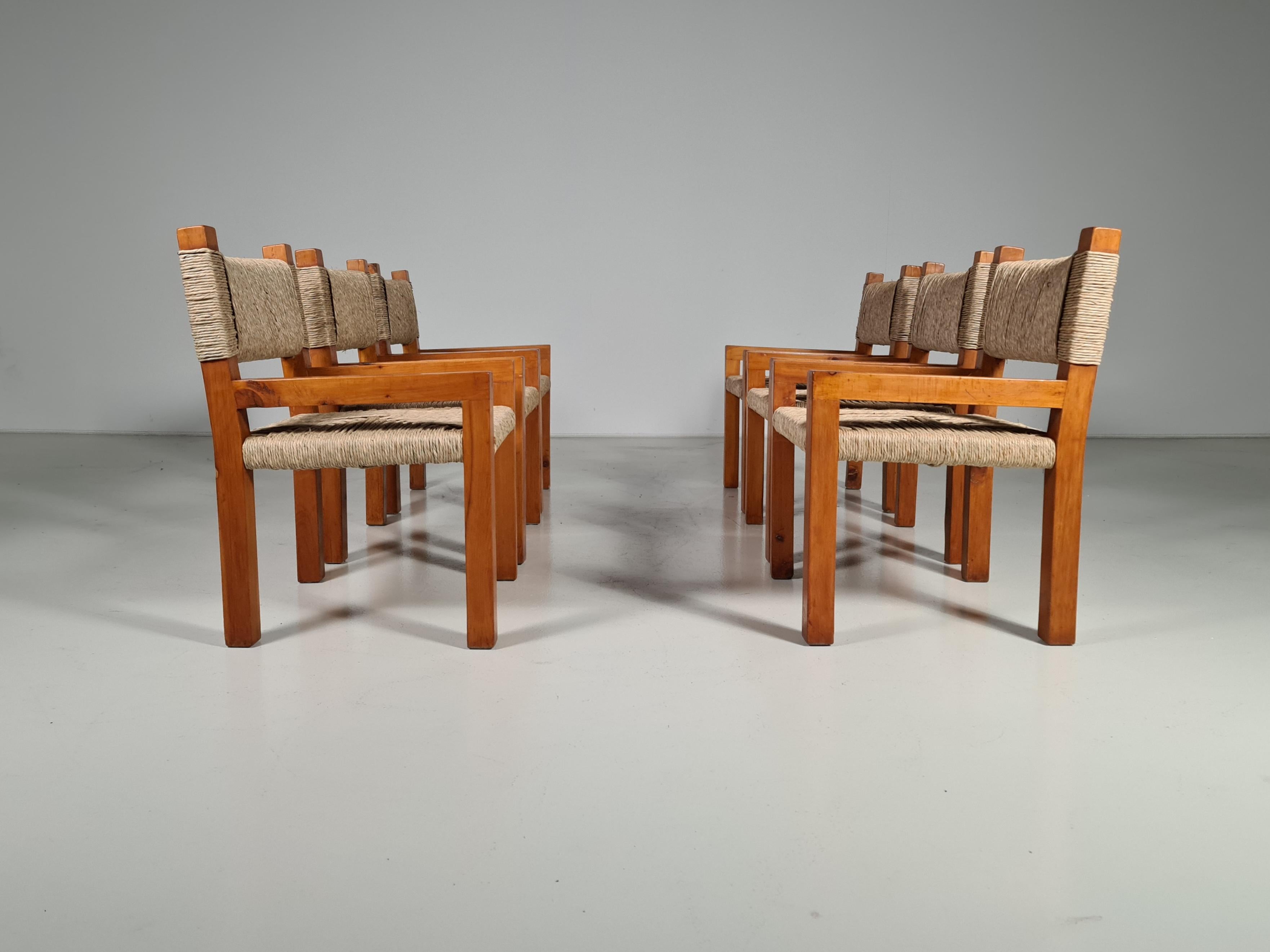Set of 6 Pinewood and Papercord Dining Chairs, France, 1960s For Sale 1