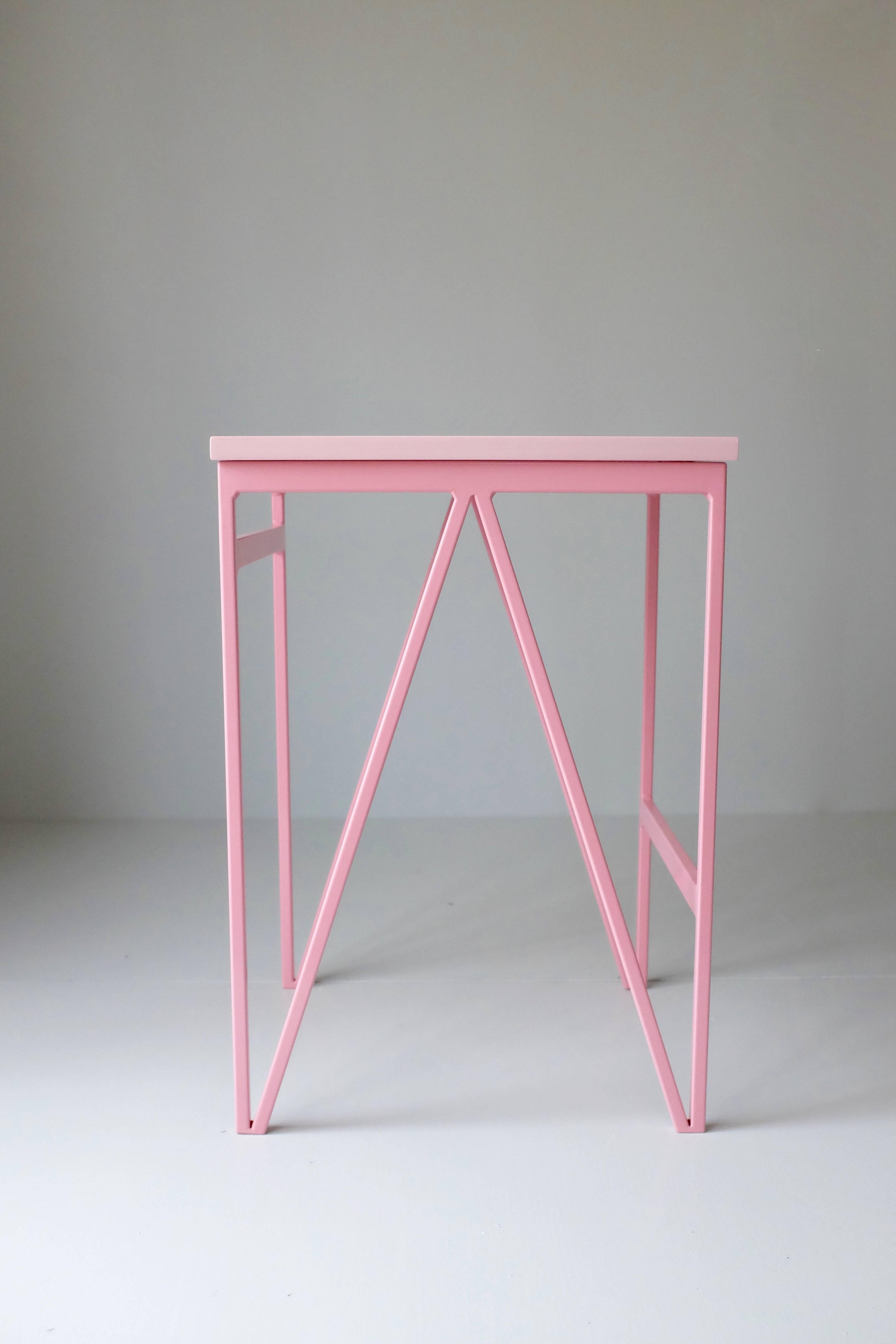 Minimalist Set of 6 Pink Colour Play Steel and Wood Stools For Sale
