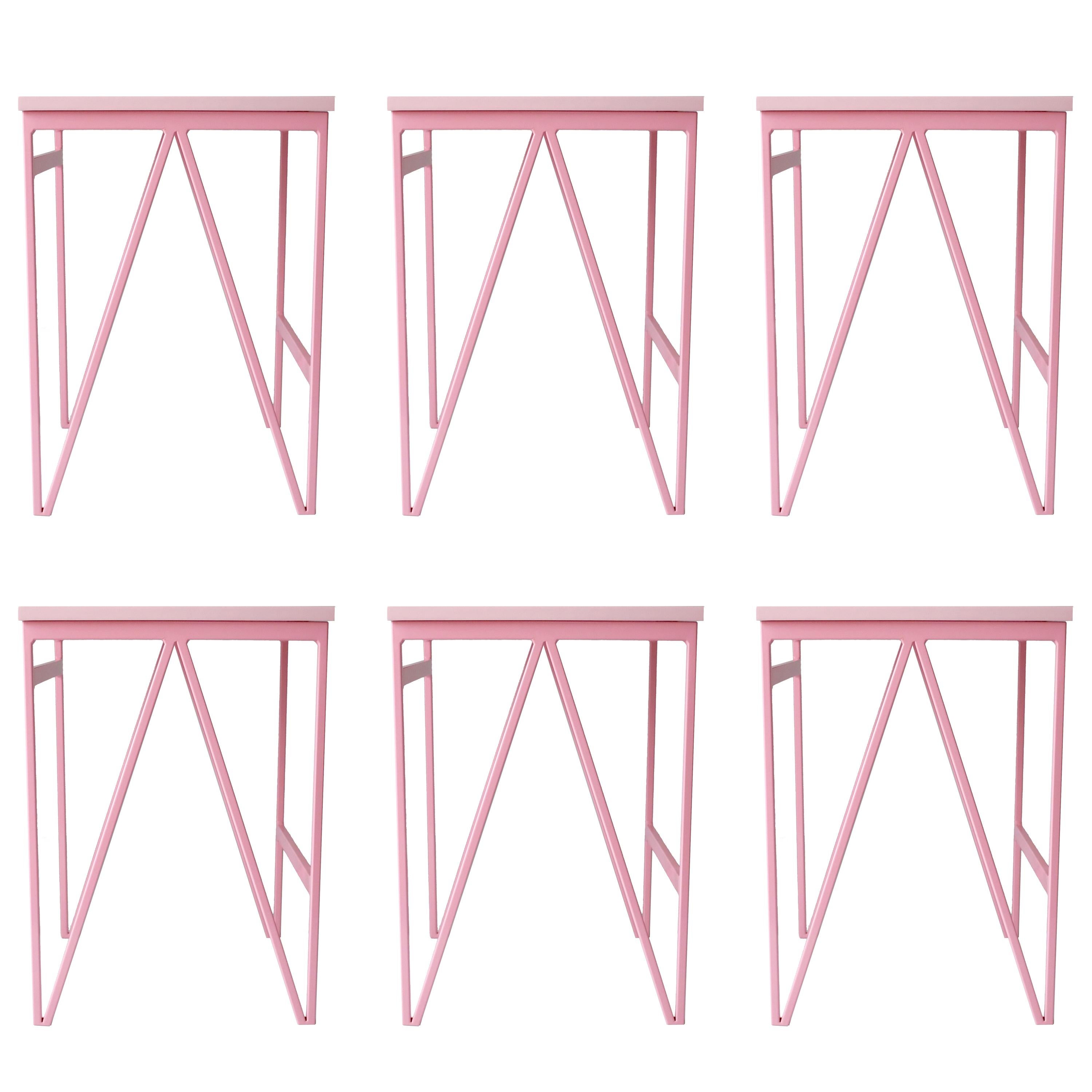 Set of 6 Pink Colour Play Steel and Wood Stools