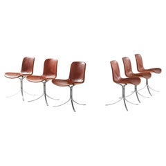 Set of 6 PK-9 Dining Chairs in Leather & Steel by Poul Kjærholm, 1960