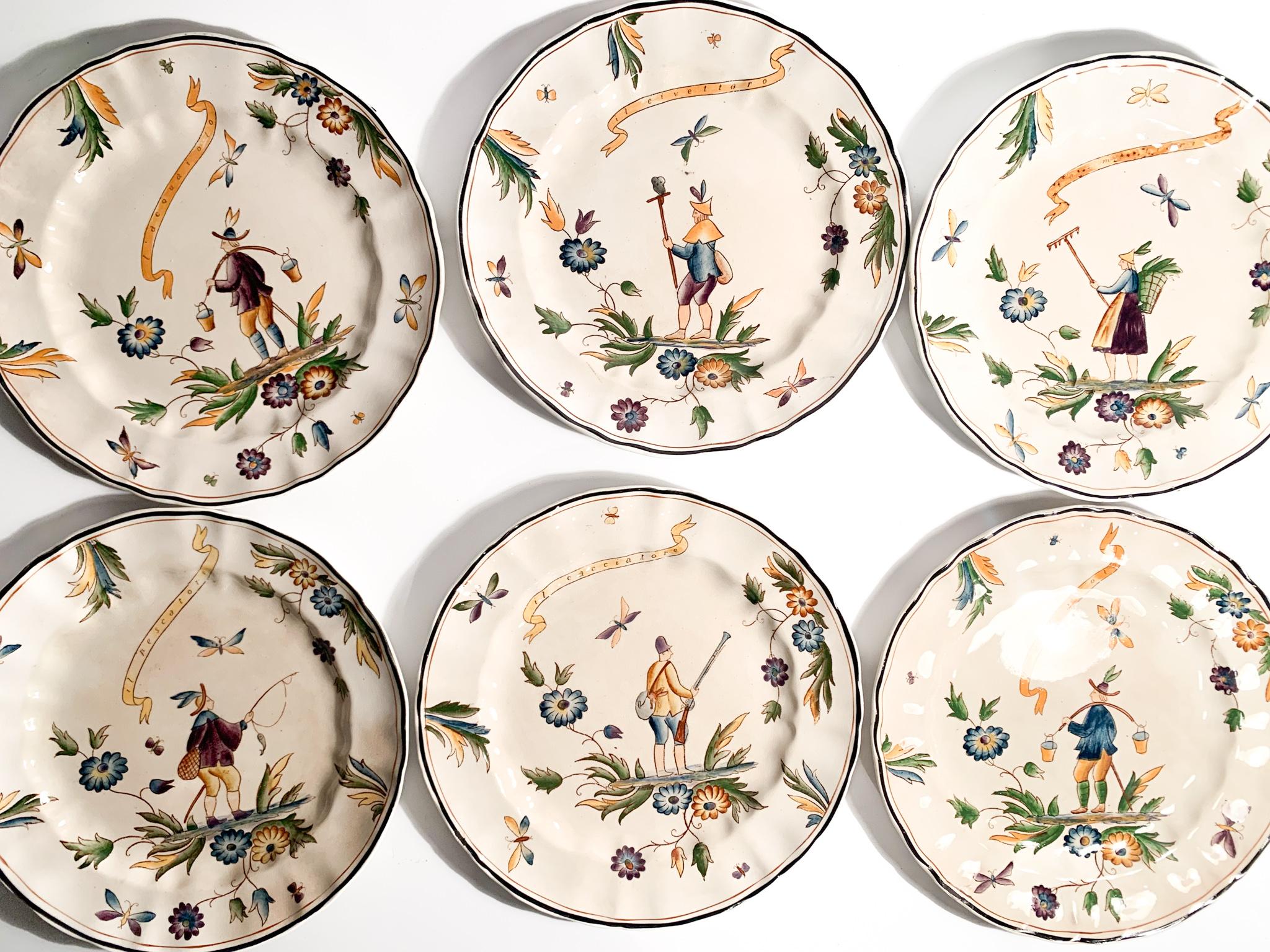 Set of six earthenware ceramic plates hand-painted in polychrome, Eroine collection created by Gio Ponti for Richard Ginori in the 1930s

The collection includes: the Owlster, the Harvester, the Waterseller, the Fisherman, the Hunter

Ø cm
