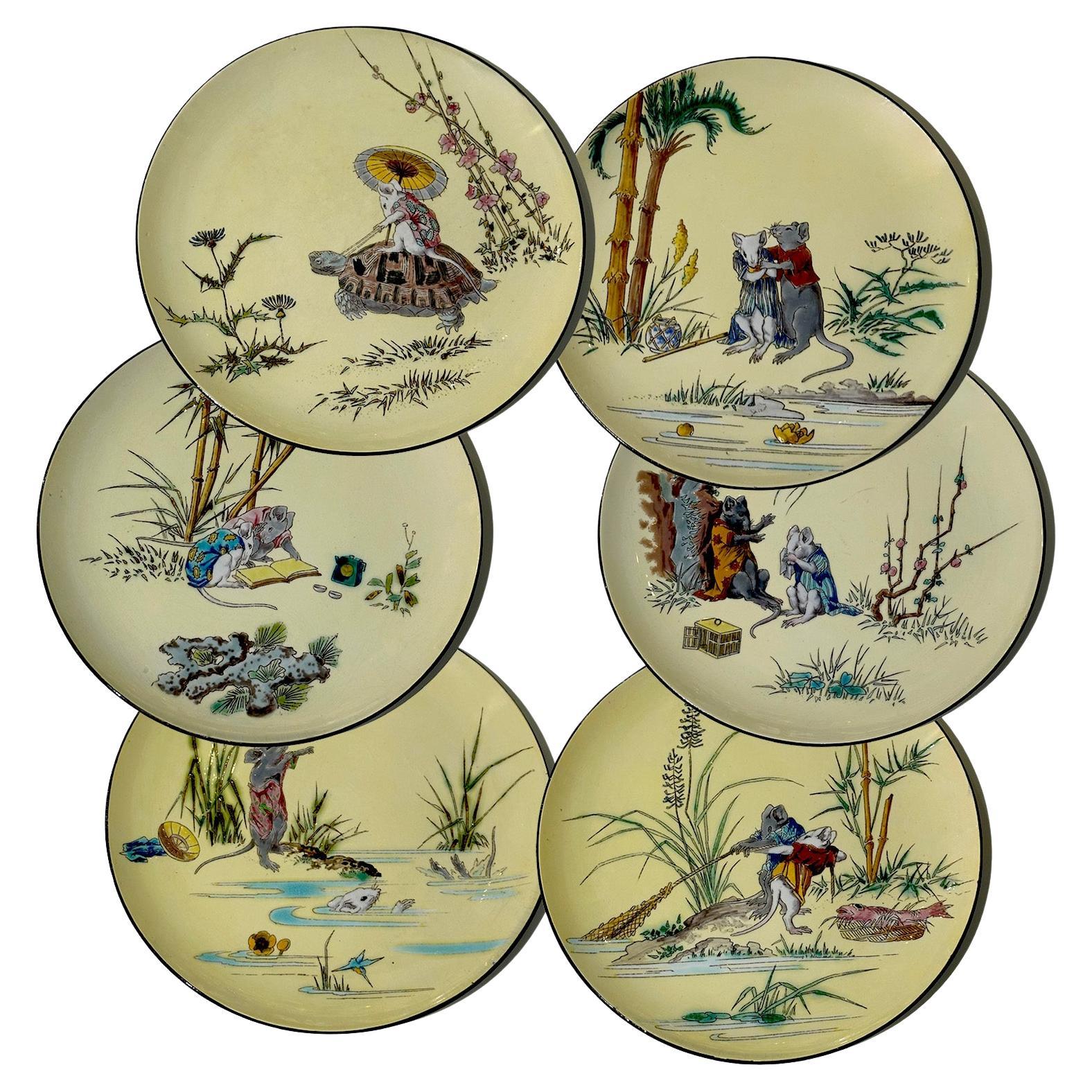 Set di 6 piatti, Scene con topi, Vieillard Bordeaux, Hokusai